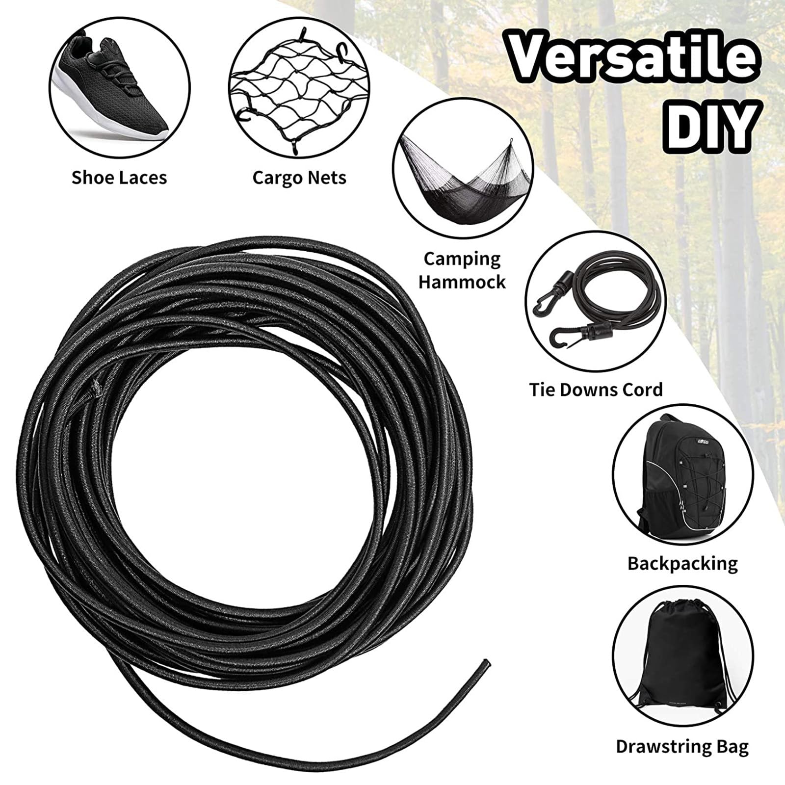 Versatile 1/8-Inch (3mm) Elastic Cord - 10 Yards With 10 Pack Plastic Spring Locks - Stretch Rope and Drawstring for Sewing, Crafting, and DIY Projects (Black)