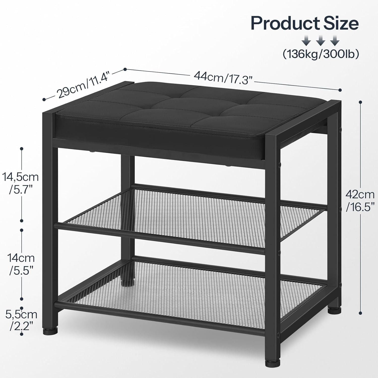HOOBRO Small Shoe Bench, 3-Tier Shoe Rack, Shoe Storage Bench with PU Seat Cushion, Entryway Shoe Rack Bench with Metal Mesh Shelves, Freestanding Shoe Organizer for Hallway, Black BB33HX01