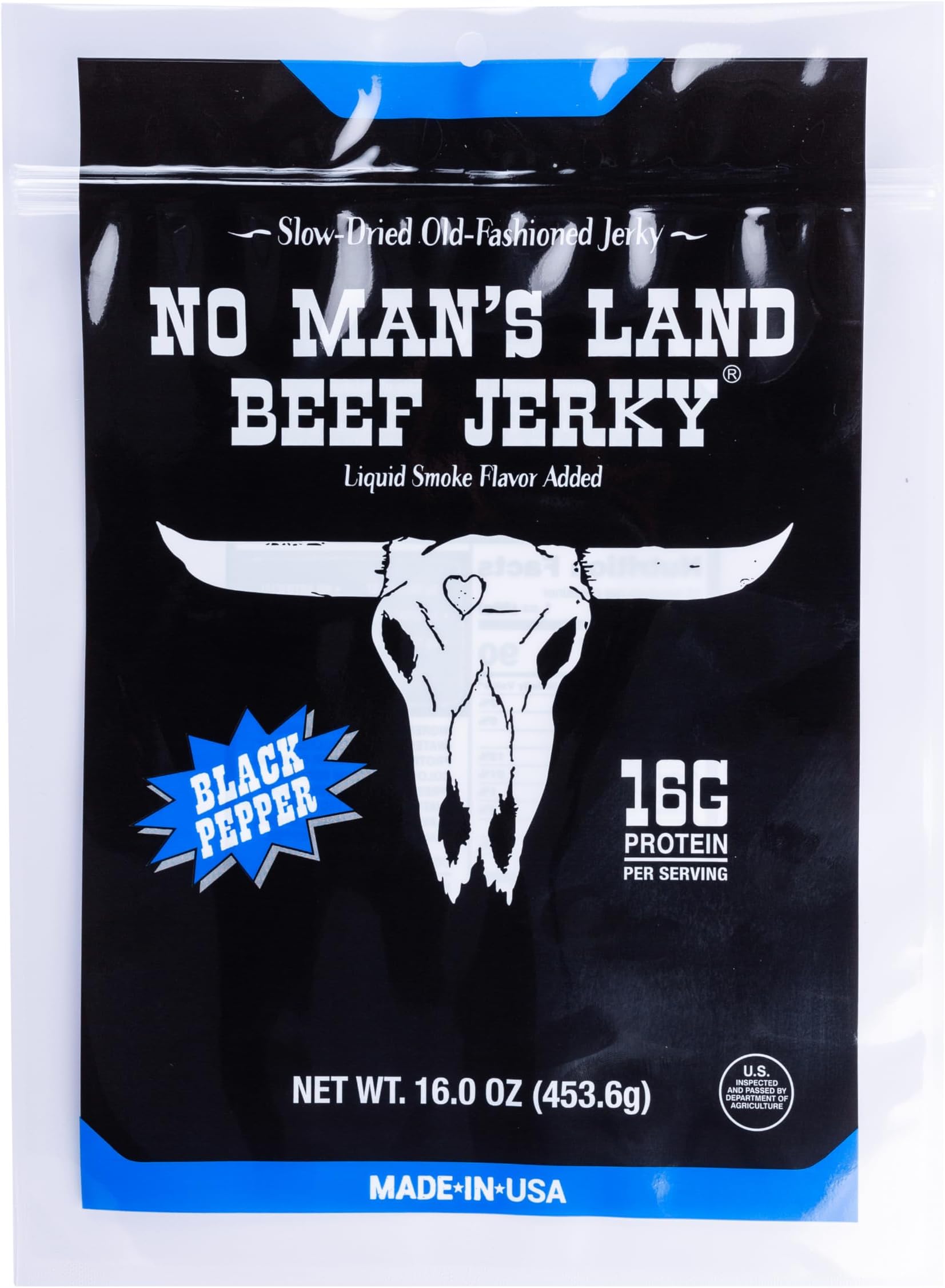No Manโs Land Beef Jerky - Low Calorie, Low Carb, High Protein Beef Snack - Flavor BLACK PEPPER 16oz (Pack of 1)