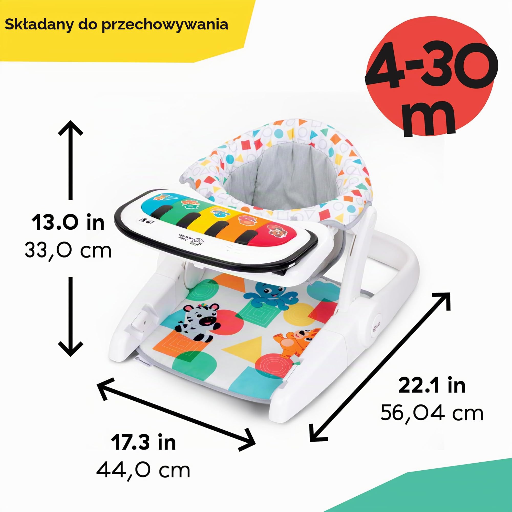Baby Einstein, Kickin' Tunes Fotelik podłogowy dla niemowląt 4 w 1 z odpinanym fortepianem, nauka muzyki i języka, 2 pozycje, od 4 miesięcy