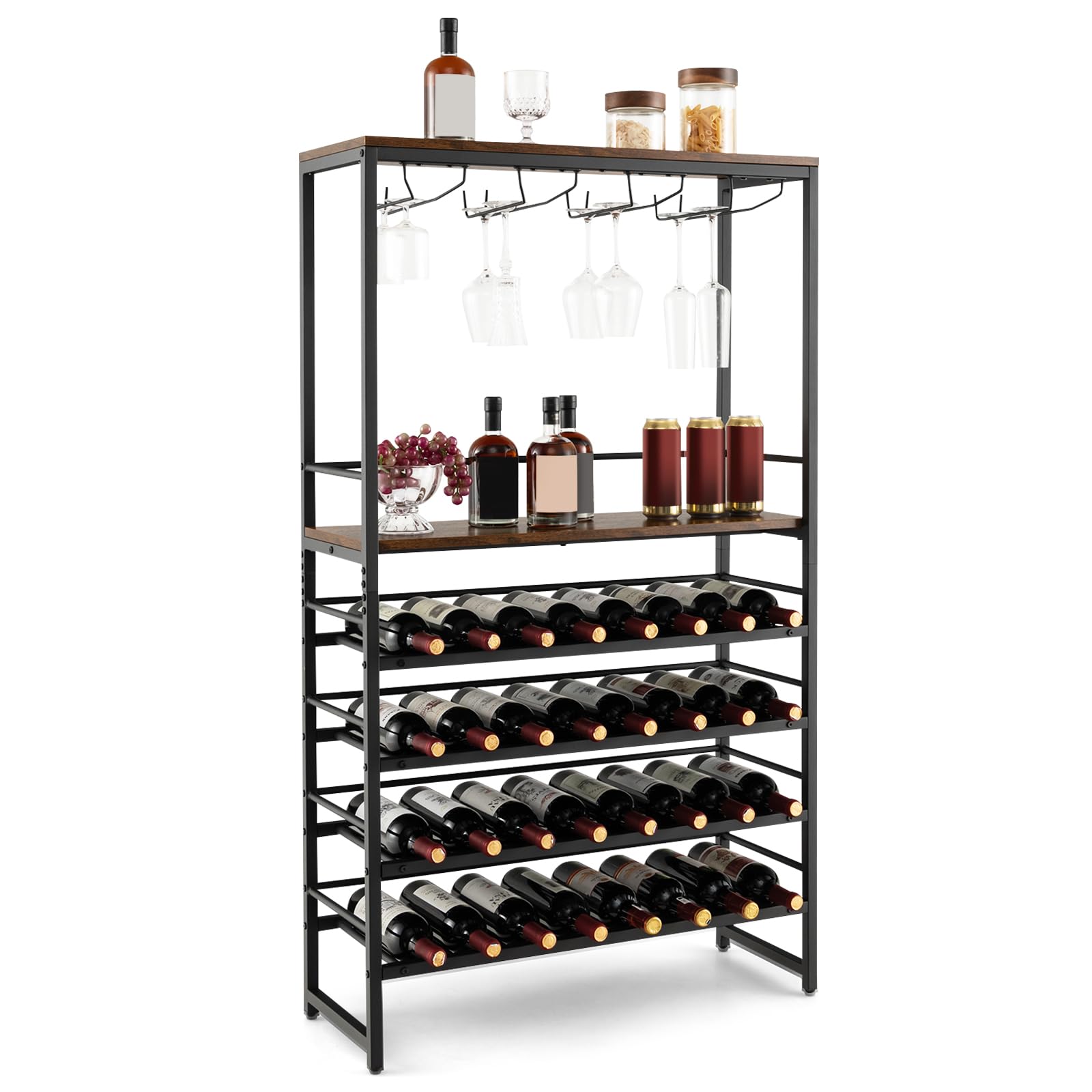 COSTWAY 32 Bottles Wine Rack, 6 Tier Freestanding Bar Cabinet with Glass Holders & Spacious Tabletop, Drinks Holder Stand Display Storage Shelves for Kitchen, Pantry, Cellar