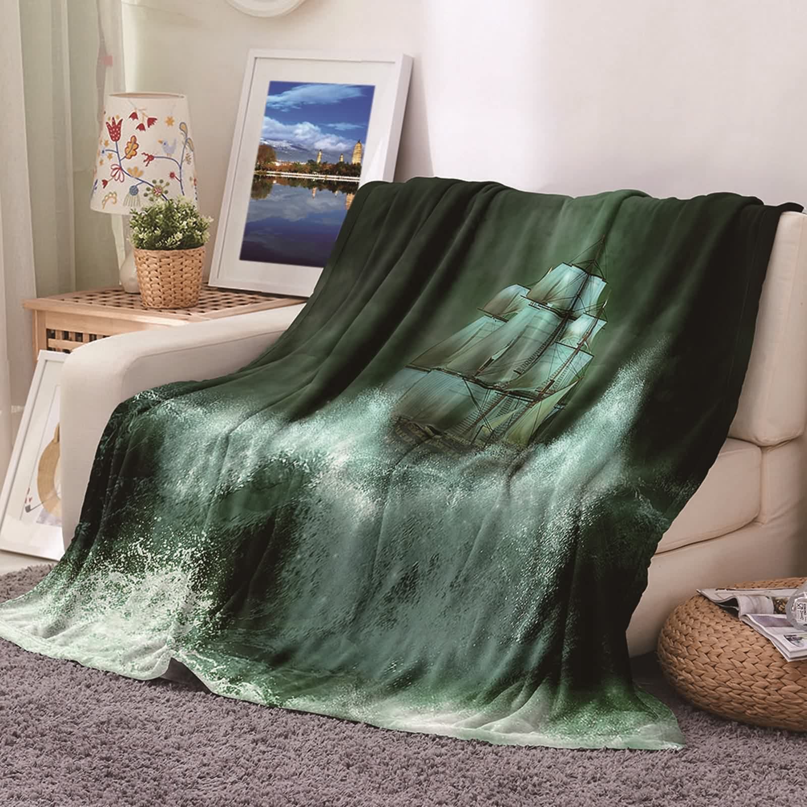 Couverture polaire en flannel KnSam 100x150cm motif voiliers pour lit et canapé