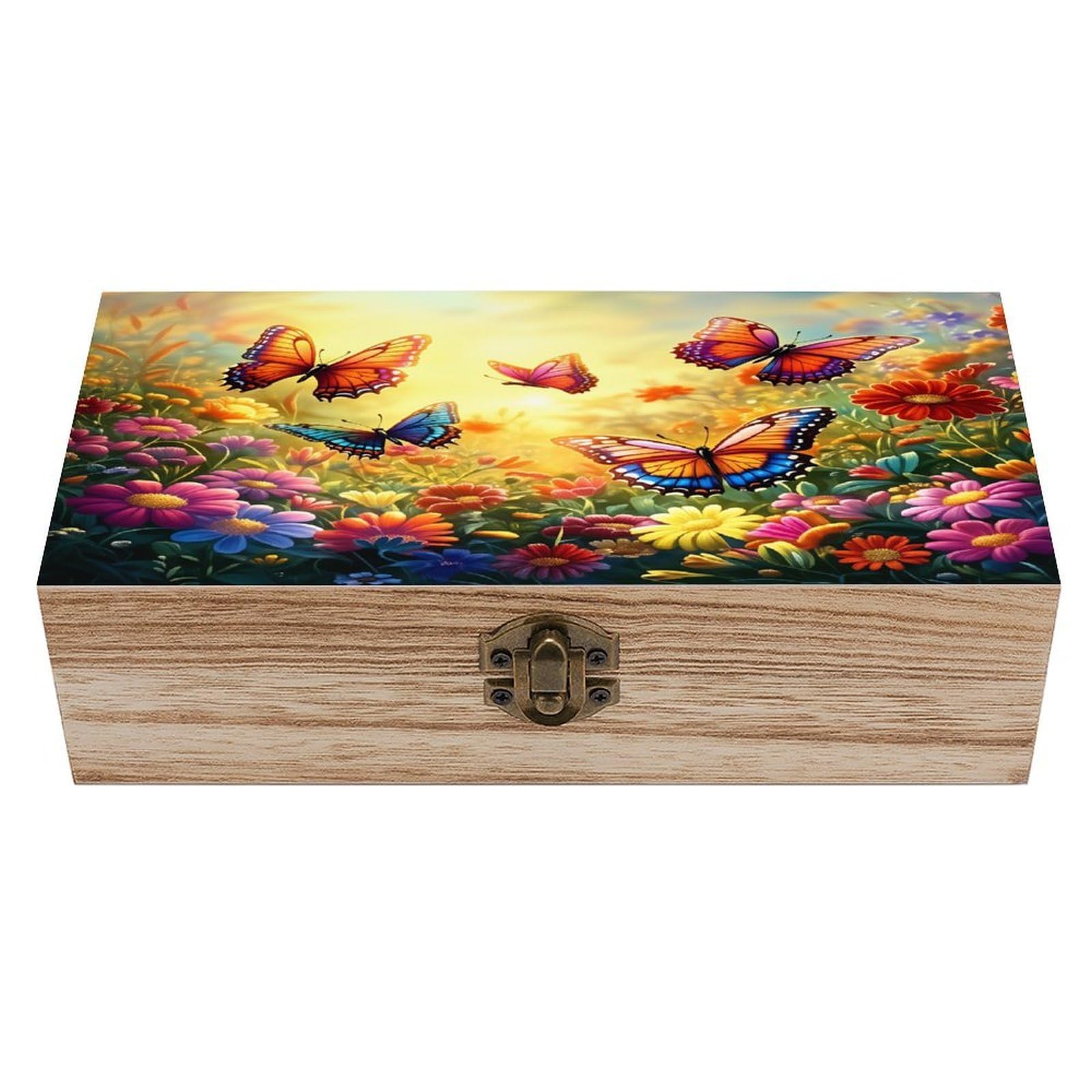 HLBSDM Vibrant Floral Butterfly Vintage Wooden Keepsake Box with Hinged Lid And Locking Clasp, Decorative Storage Box for Jewelry, Trinkets And Small Accessories, Organizer for Home Or Wedding
