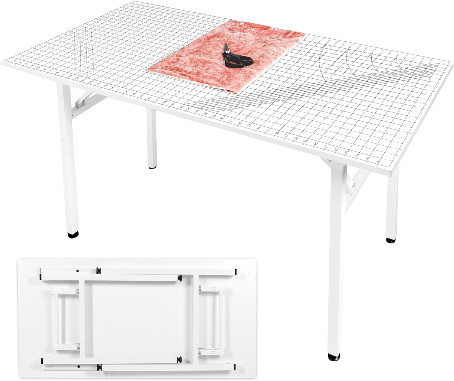 Crutello Fabric Cutting Table for Sewing Room - 48x24 inch Grid Top Folding Craft Table for Adults - Steel Folding Storage Legs for Sewing Machine, Hobby and Crafting Room - Patent Pending