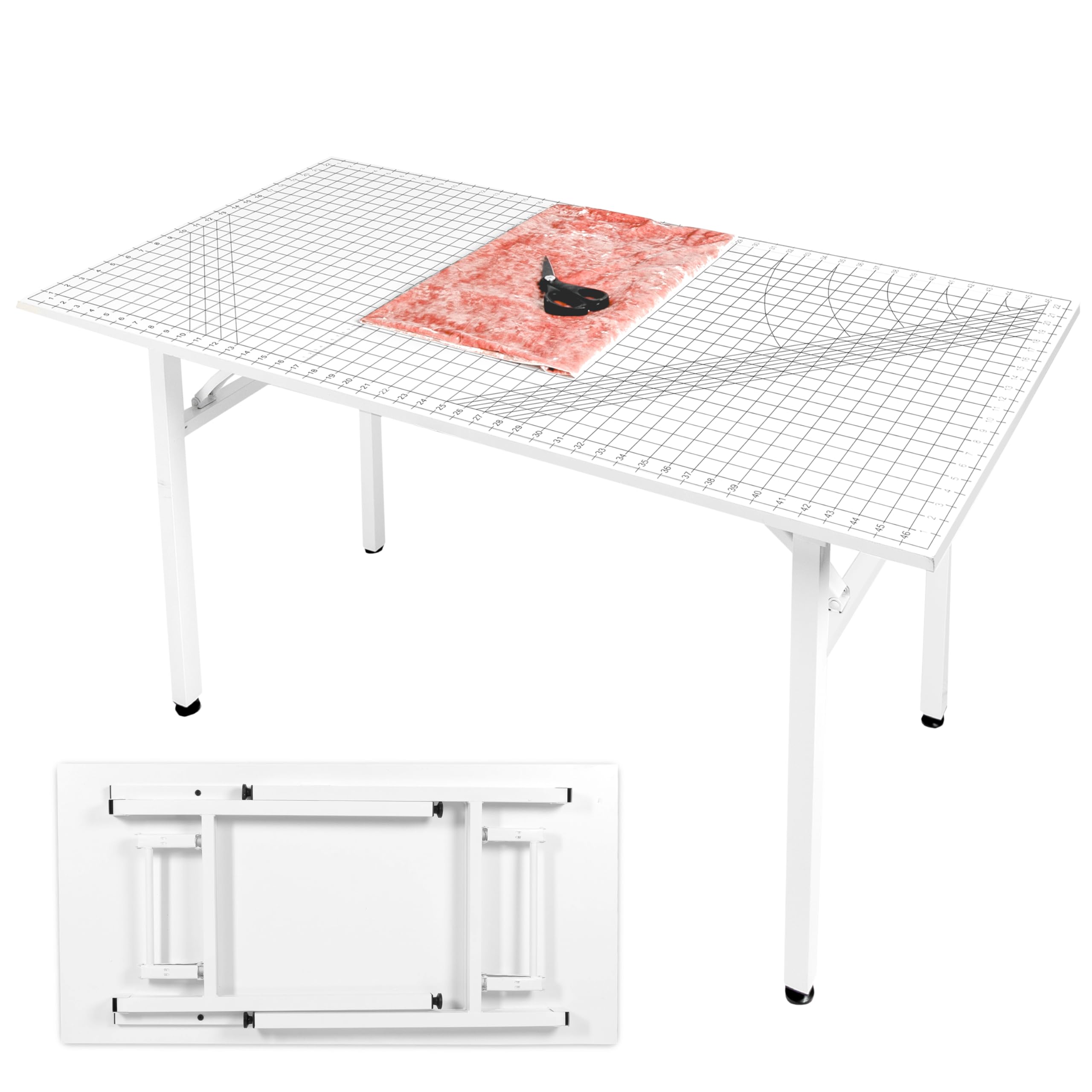 Crutello Fabric Cutting Table for Sewing Room - 48x24 inch Grid Top Folding Craft Table for Adults - Steel Folding Storage Legs for Sewing Machine,