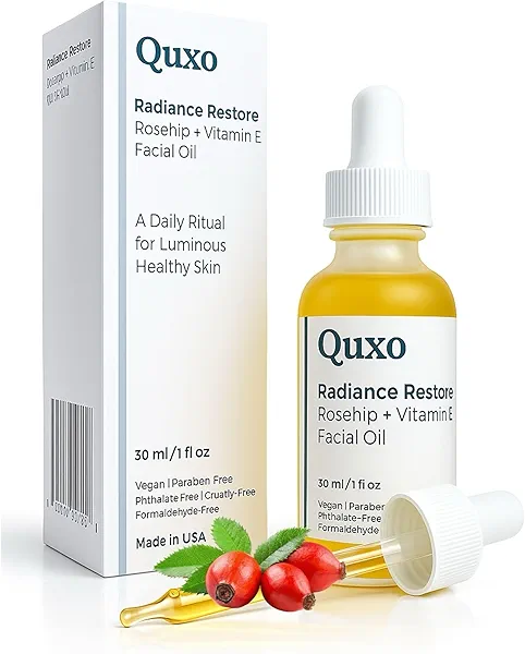 Quxo Radiance Restore Rosehip & Vitamin E Facial Oil for Face, Neck & Décolleté – Lightweight Nourishing Formula – Non-Greasy, Fast-Absorbing, Vegan, Fragrance-Free – 30ml