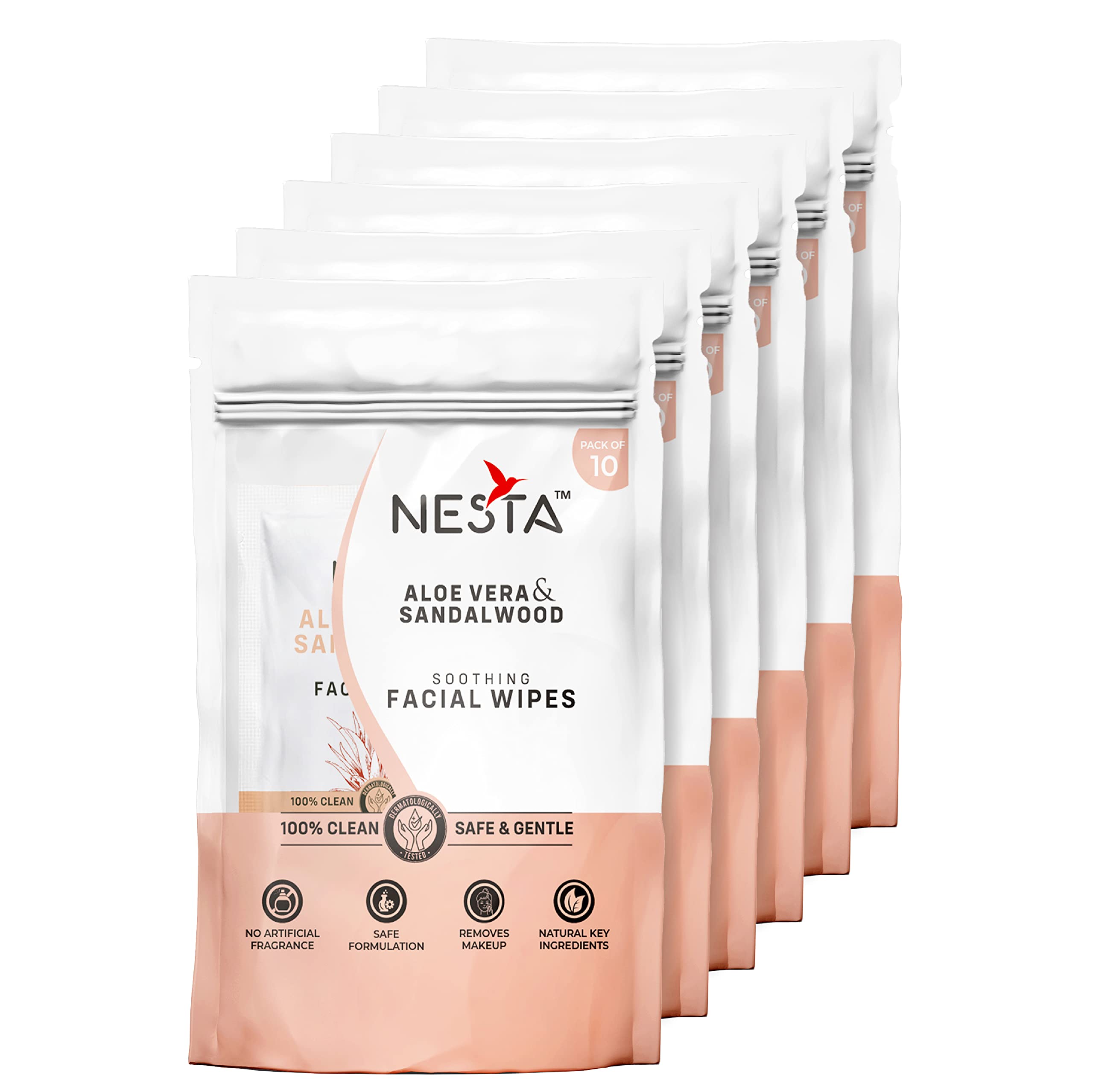 Sponsored Ad - Nesta Soothing Single Sachet Wet Wipes with Extra Moisturizers - 10-IN-1 Pack, No Artificial Fragrance, Natural Cleansing & Hydrating Face Wipe (Sandalwood Set of 6)