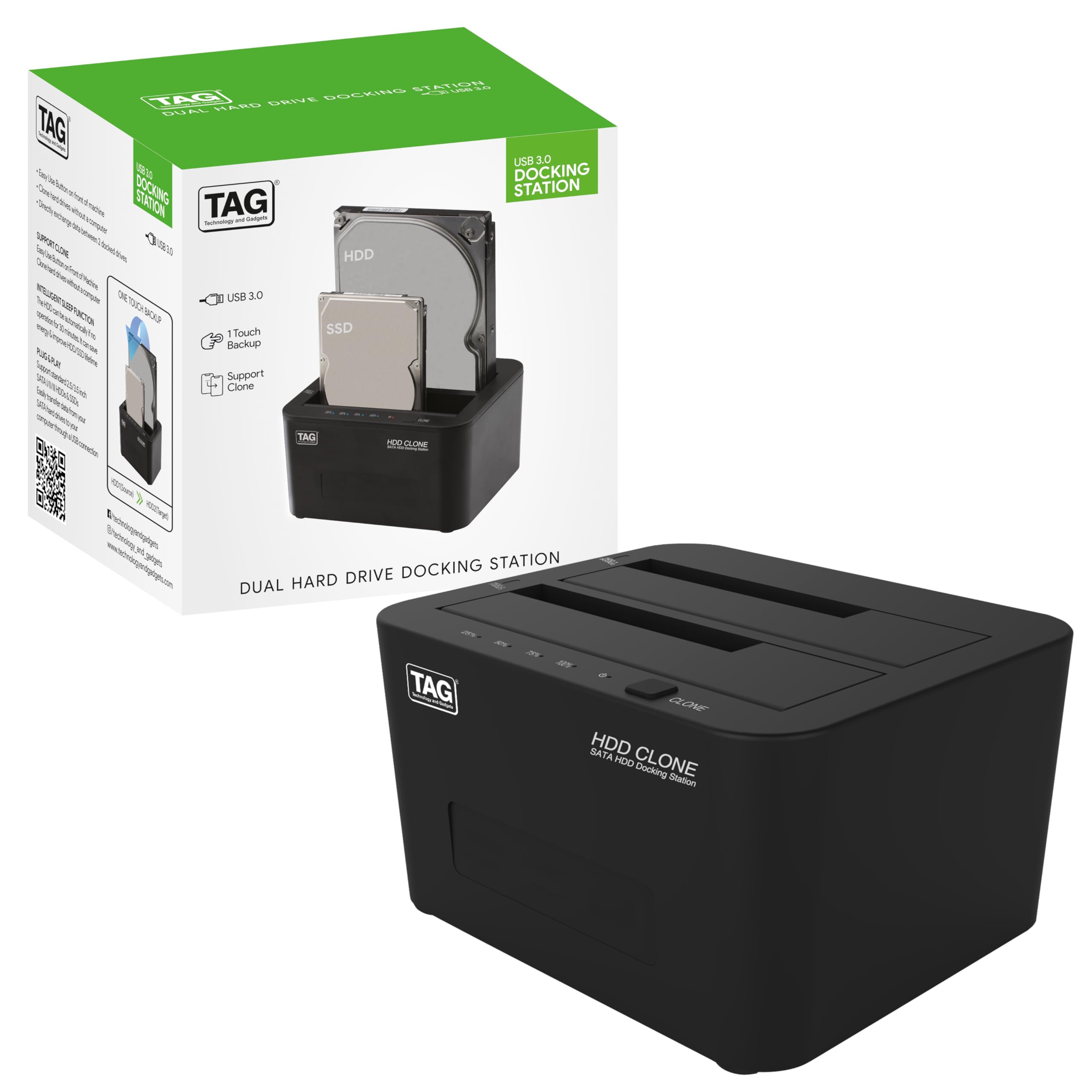 TAG USB 3.0 Dual Bay External Hard Drive Docking Station | USB 3.0 to SATA I/II/III for 2.5 or 3.5in HDD, SSD | One Click Offline Clone Function | Auto Sleep | 5Gbps Transfer Speed | 16TB Support (B0CST1P3SM) Amazon Price History, Amazon Price Tracker