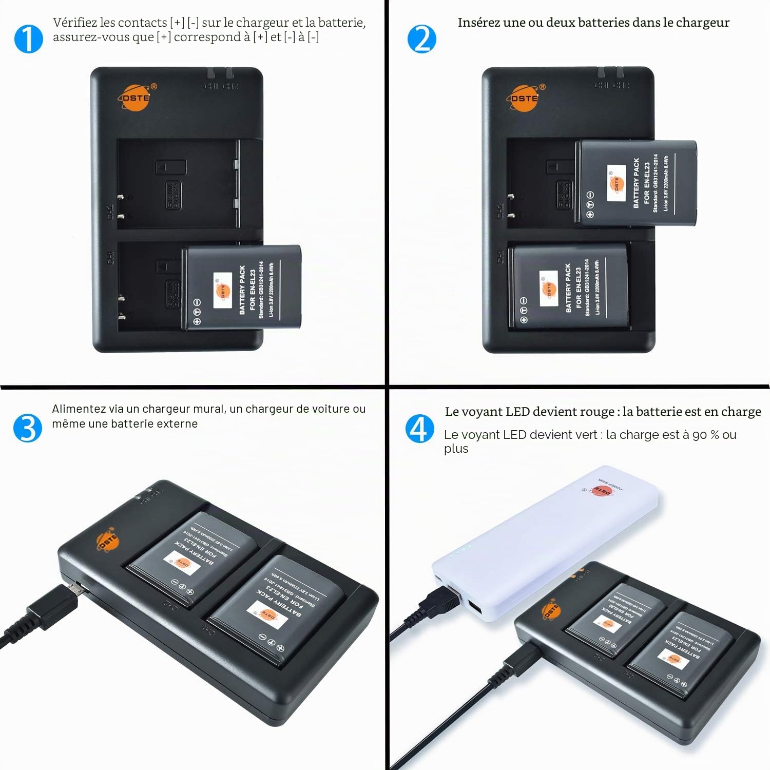 EN-EL23 Lot de 2 batteries de rechange rechargeables et double chargeur compatibles avec Coolpix P600, P610, P610s, P900, P900s, S810c, B700