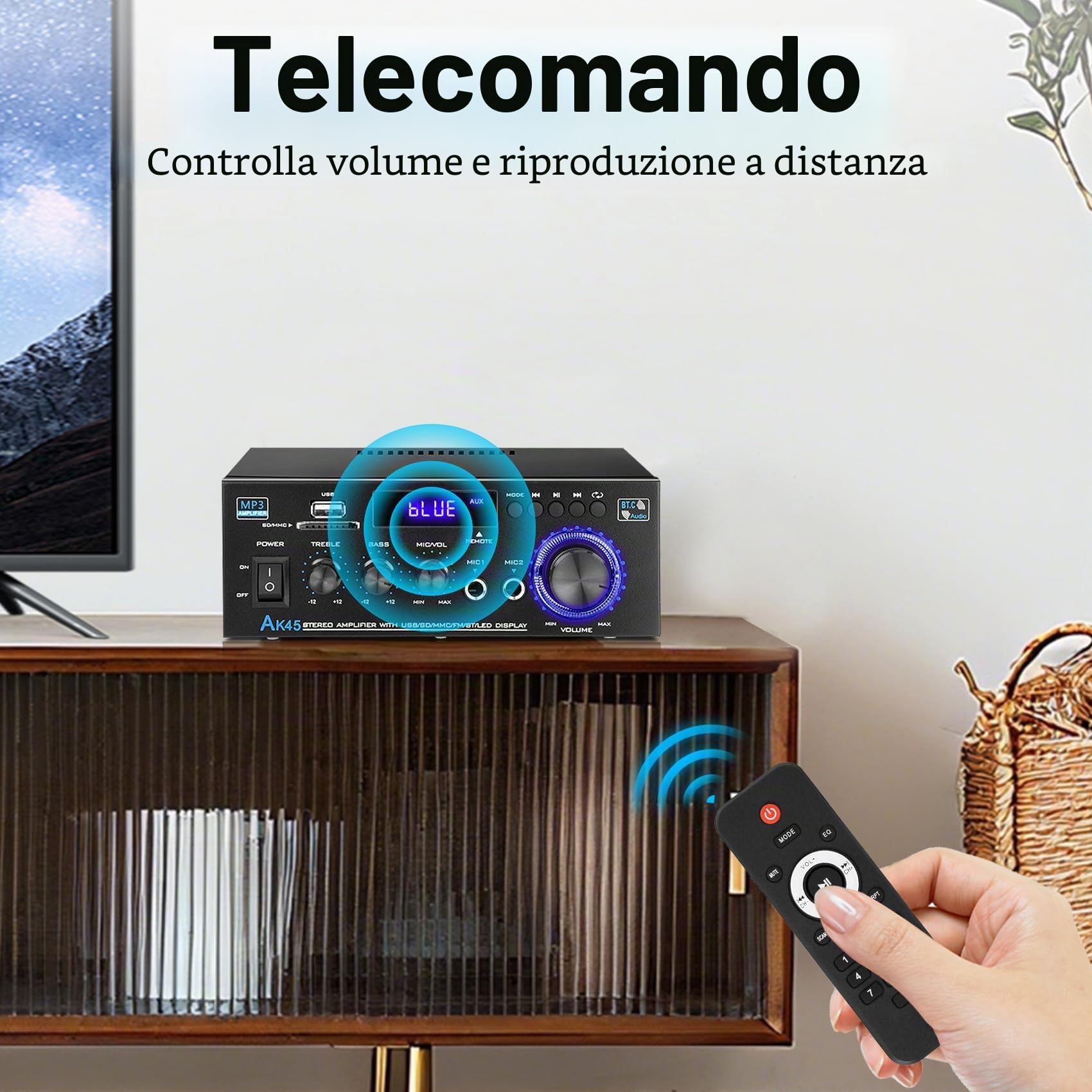 KKMOL Amplificatore HiFi Stereo AK45 - Bluetooth 5.0, Telecomando, 12 V/220 V 400W 2 Canali Amplificatore Audio, Radio FM Portatile, Scheda SD Card/USB, per la casa o per l'auto