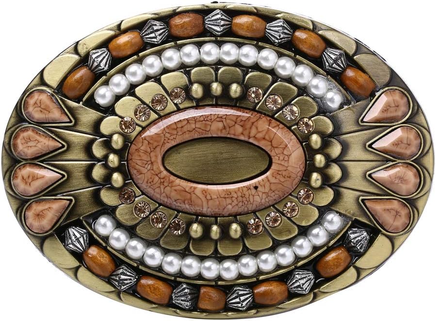 WANLIAN Bohemia Belt Buckle, Celtic Indian Gemstone Totem Oval Style Western Cowboy Design Tiger Eye Stone Belt Buckle, White Gold Plated for Men and Women