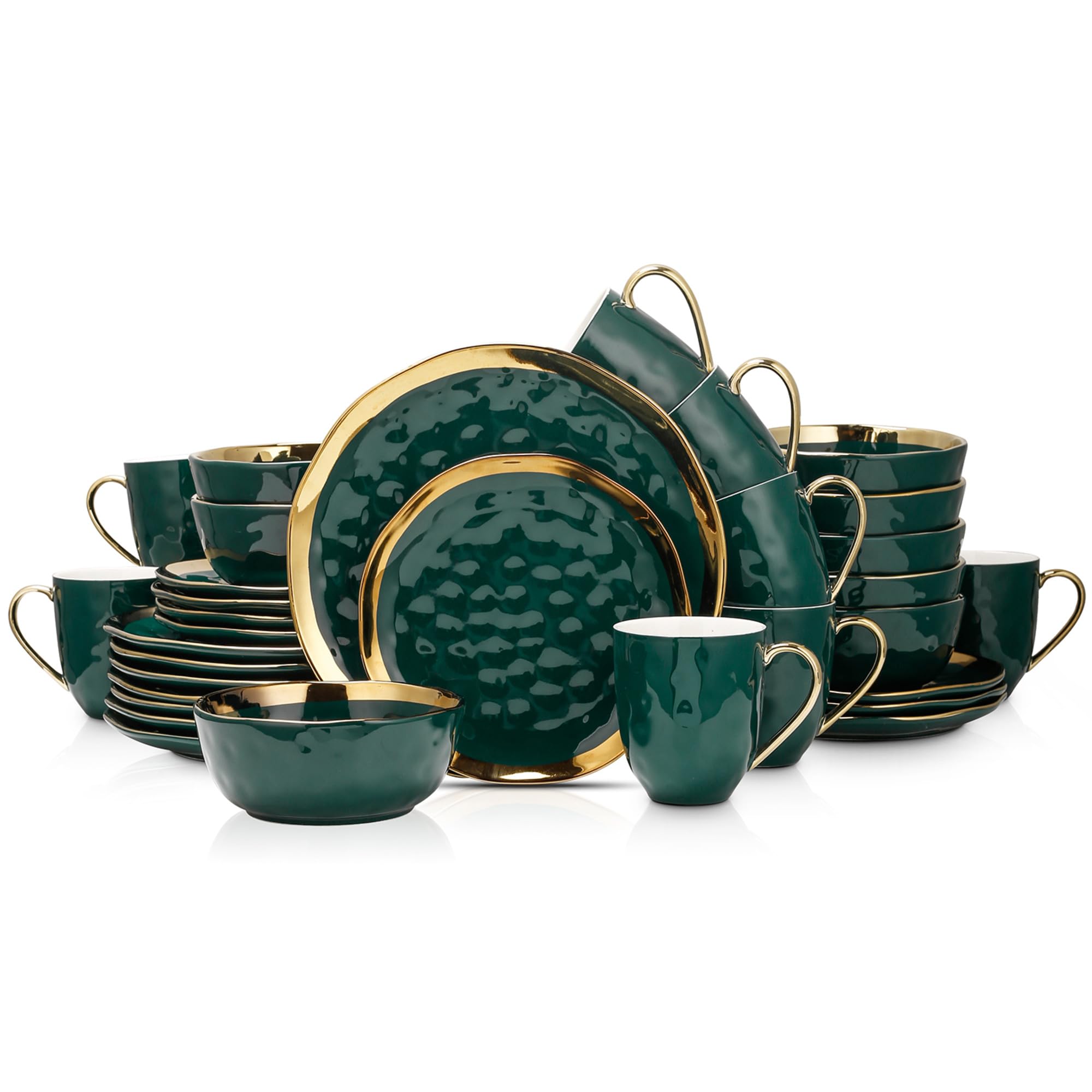 Stone Lain Florian Modern Porcelain Dish Set, Gold and Green Porcelain Dinnerware Set, 32-Piece Service for 8 32-Pieces Service for 8 Green with Gold Rim