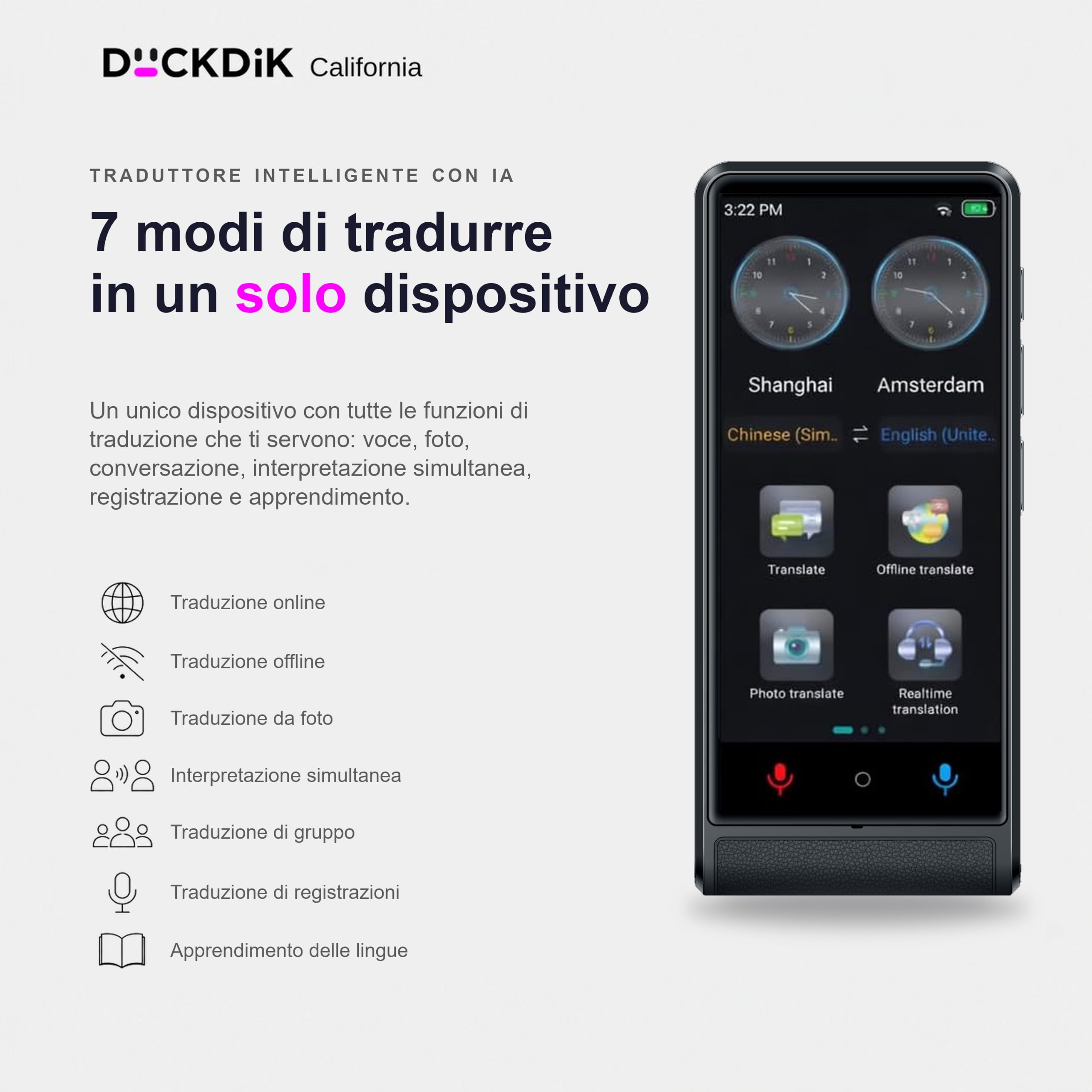 California, Traduttore Vocale Istantaneo 2026 + App Traduzione Offline Inclusa a Vita (Valore 120€/Anno) — 142 Lingue Online, 22 Offline + 59 nell'App, Schermo Touch 4", IA