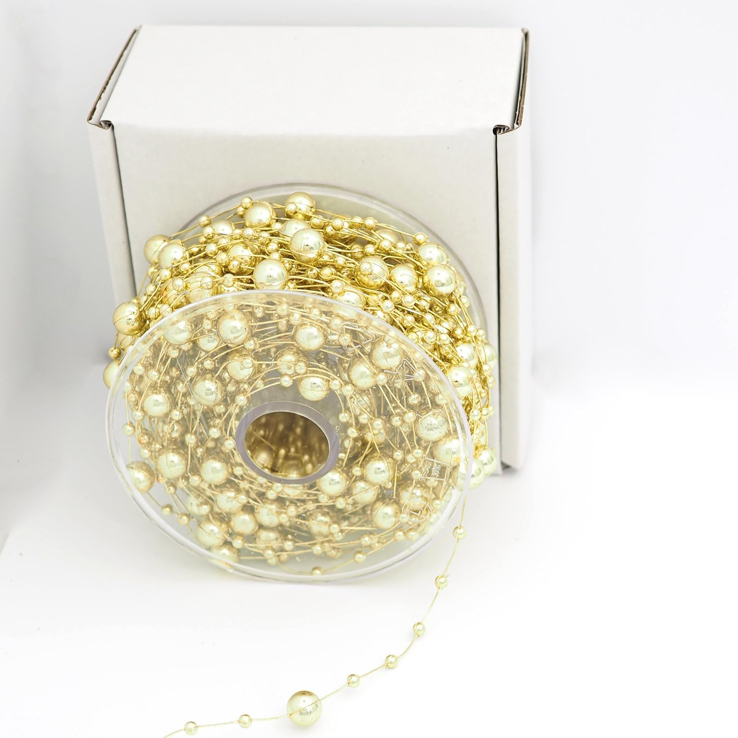 15Yards Artificial Pearls String Beads Iron Wire Pearl Garland String -Stored with Transparent Spool,for DIY Crafts Party Bouquet Crafts Decoration（Golden）