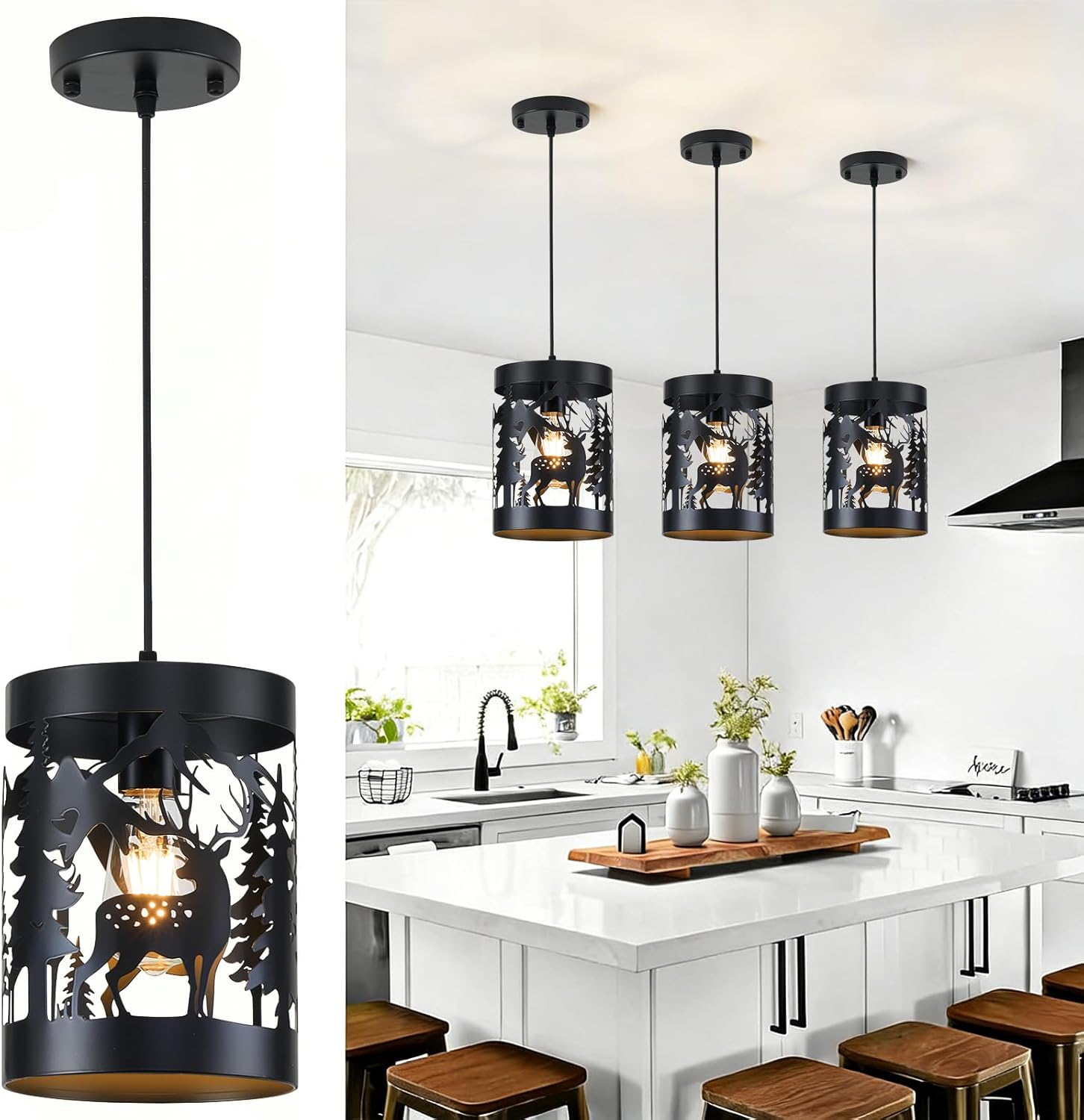 Farmhouse Rustic Deer Ceiling Light Fixtures, Vintage Metal Cage Light Perfests for Kitchen, Living Room, Bedroom, Balcony, Entryway, Hallway, Cabin(Bulbs not Included)