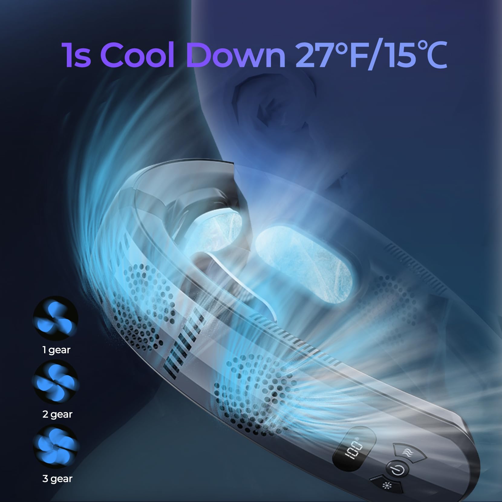 Ventilatore portatile per condizionatore d'aria, senza pale, a lunga durata, versione limitata, ventilatore da collo portatile con LED ricaricabile, 3 piastre refrigeranti, silenzioso, leggero, nero