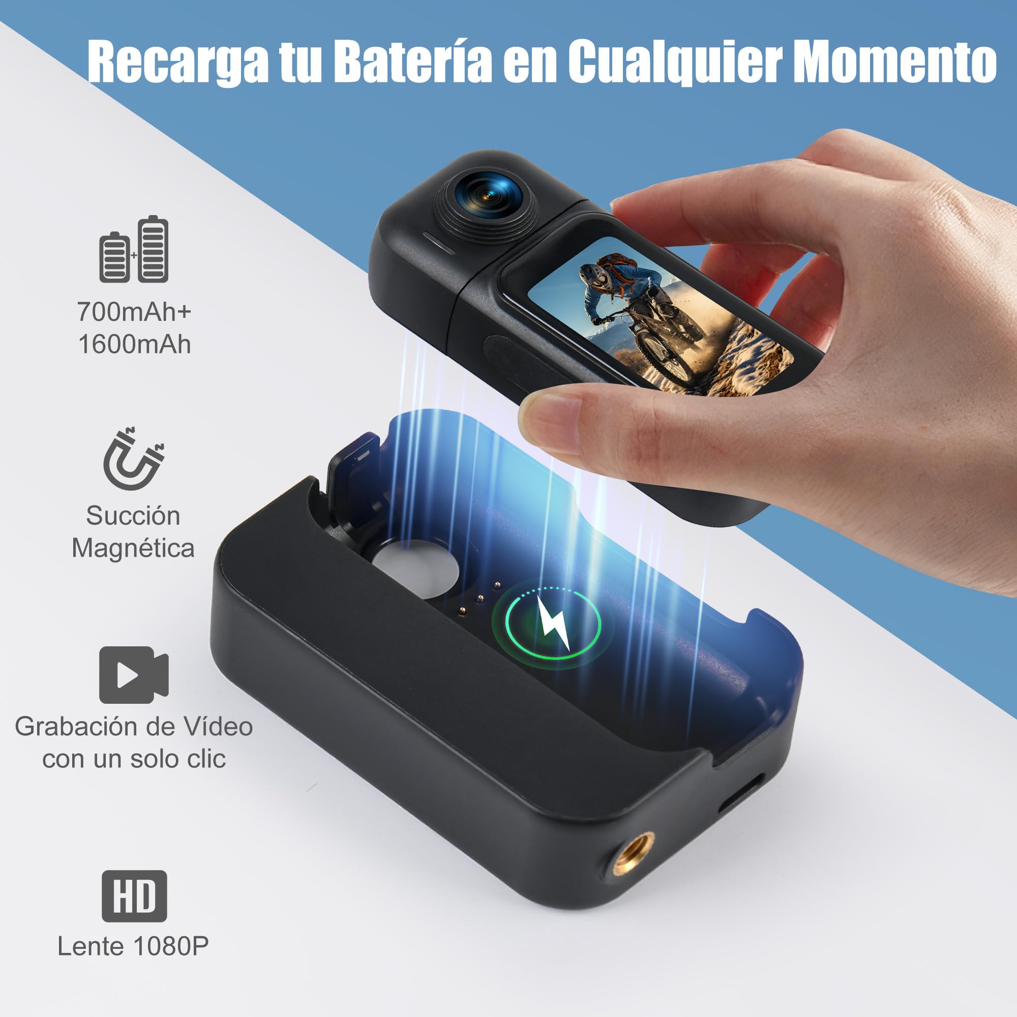 Cámara de Acción 360°con Pantalla Visible, 8h Batería y 30M Impermeable – 120° Gran Angular, WiFi, POV Cámara Body de 64GB, Montaje Magnético y 10+ Accesorios para Viajes, Deportes