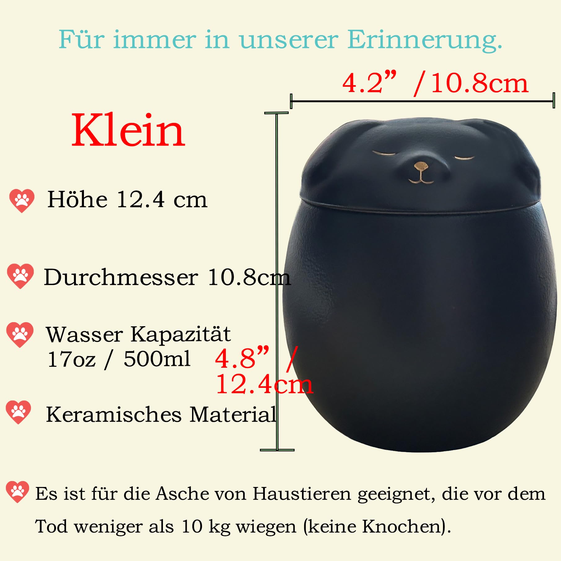 Generisch Hundeurne, ≤10kg Haustierurnen für Hunde, Haustiereinäscherung, Hundeurnen für Asche, Urnen für Hundeasche (Schwarz, Klein Geeignete Asche ≤10kg (Keine Knochen) SH