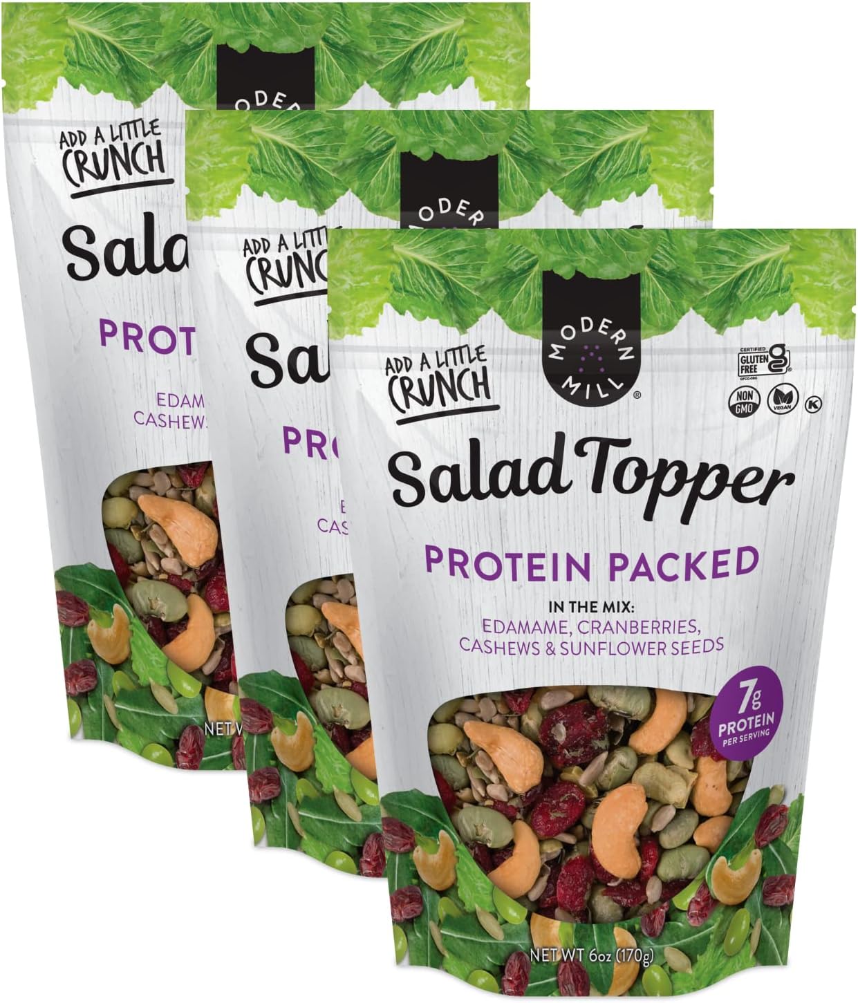 Modern Mill Protein Packed Salad Topper By Gourmet Nut - Mixed Nuts(Roasted Cashews),Dried Cranberries,Edamame,Sunflower Seeds - Gluten Free, Low Sodium, Kosher, Plant Protein Snack, 6oz. Bag (3 Pack)