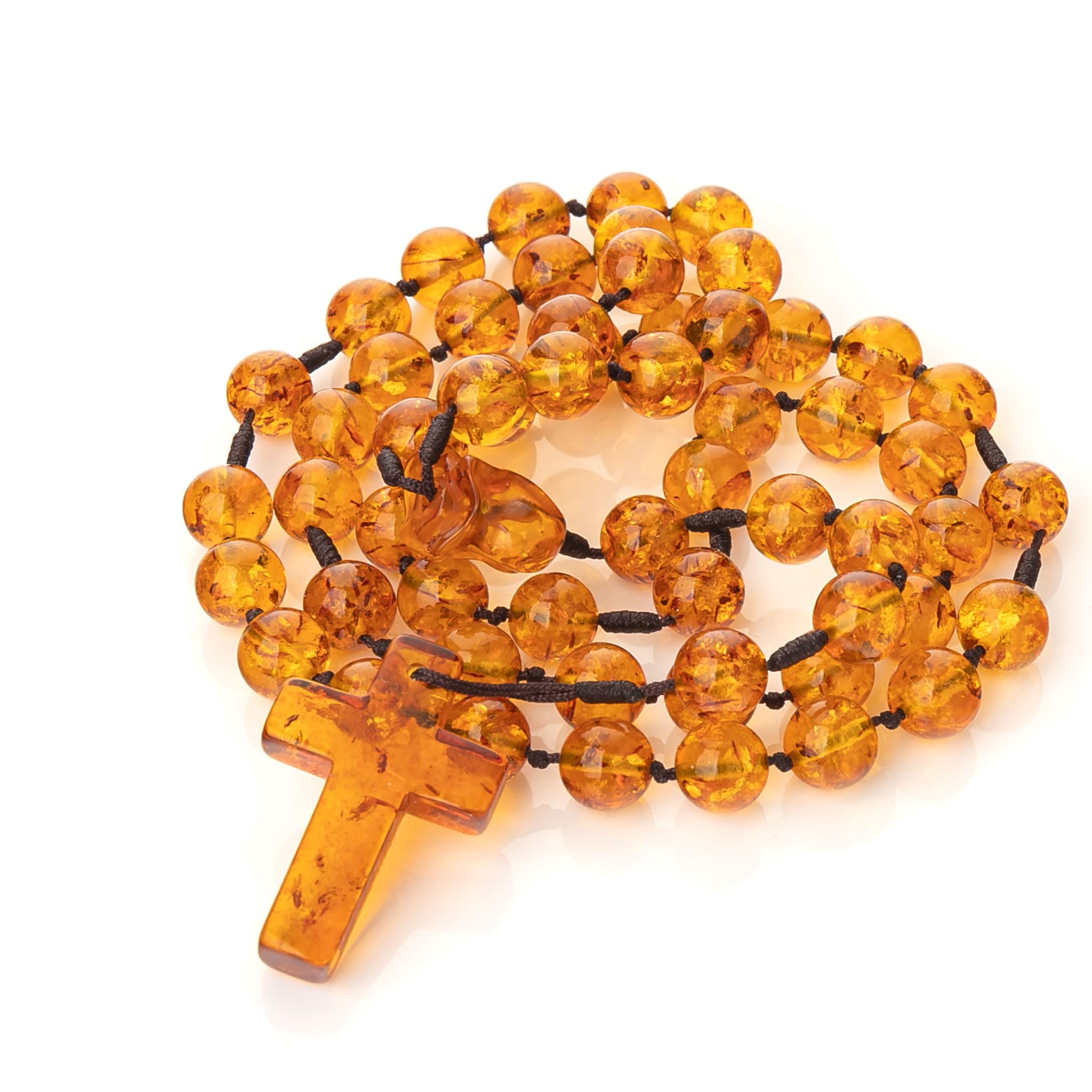 Collar hecho a mano – Rosario de ámbar báltico – Conector en forma de rosa – Regalo ideal para católicos o cristianos.