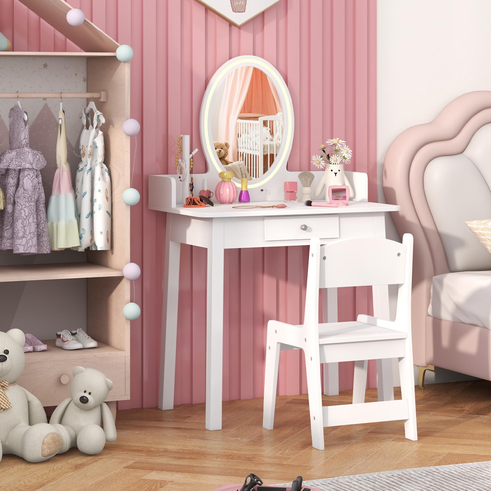 RELAX4LIFE Toeletta Trucco per Bambina con Luci LED, Specchiera Trucco con Sgabello, Toeletta in Legno, Specchio Rimovibile, per Bambini 3+ Anni (Bianco)