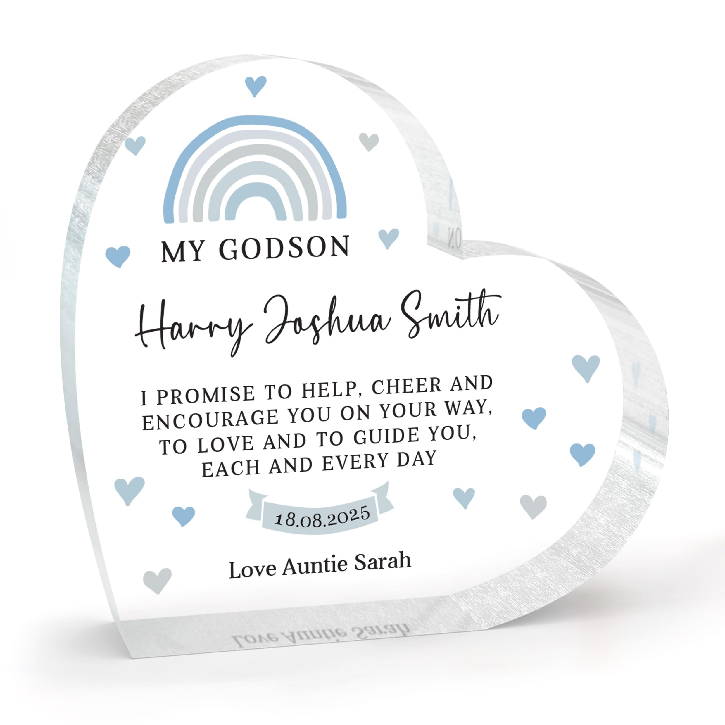 Beecreative Personalised Godson Christening Gifts - Custom Christening Day Presents From Godmother or Godfather - Clear Heart Ornament Keepsake With Grey Gift Bag
