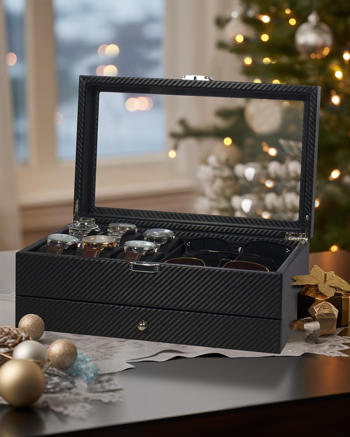 Caja de reloj, caja de reloj con 6 ranuras, organizador de gafas de 3 compartimentos, joyero para hombre con tapa de cristal transparente, doble capa con cerradura de llave, regalo, color negro