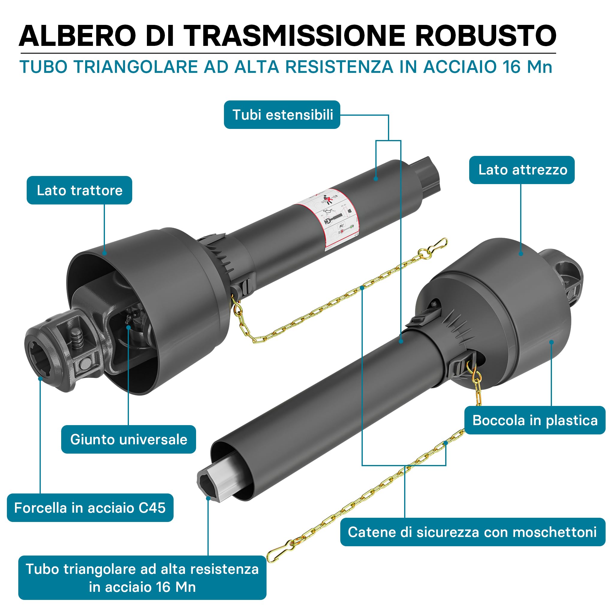 Wiltec Albero cardanico T1 Giunto cardanico 1400-1540mm 210Nm 540rpm Cardano 18kW (25CV) 2X 1 3/8" 6 Denti