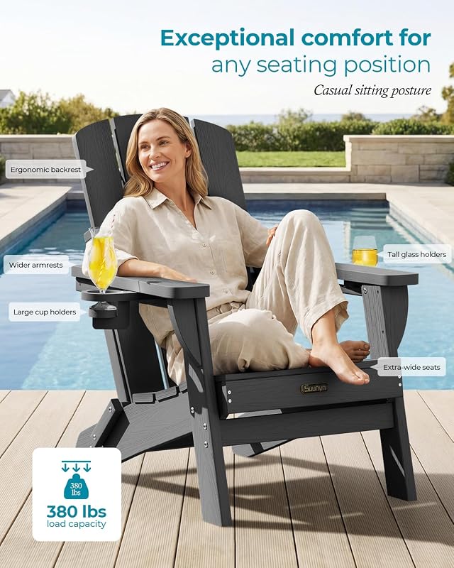 SUUNYN Folding Adirondack Chair, HDPE Adirondack Chairs with 2 Cup Holder, Plastic All-Weather Fire Pit Chairs, Outdoor Lawn Chair for Patio Garden (Grey) image 3