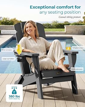 Folding Adirondack Chair HDPE Fire Pit Chair Weather Resistant Plastic with 2 Cup Holders Ideal for Outdoor Patio Garden (Grey)