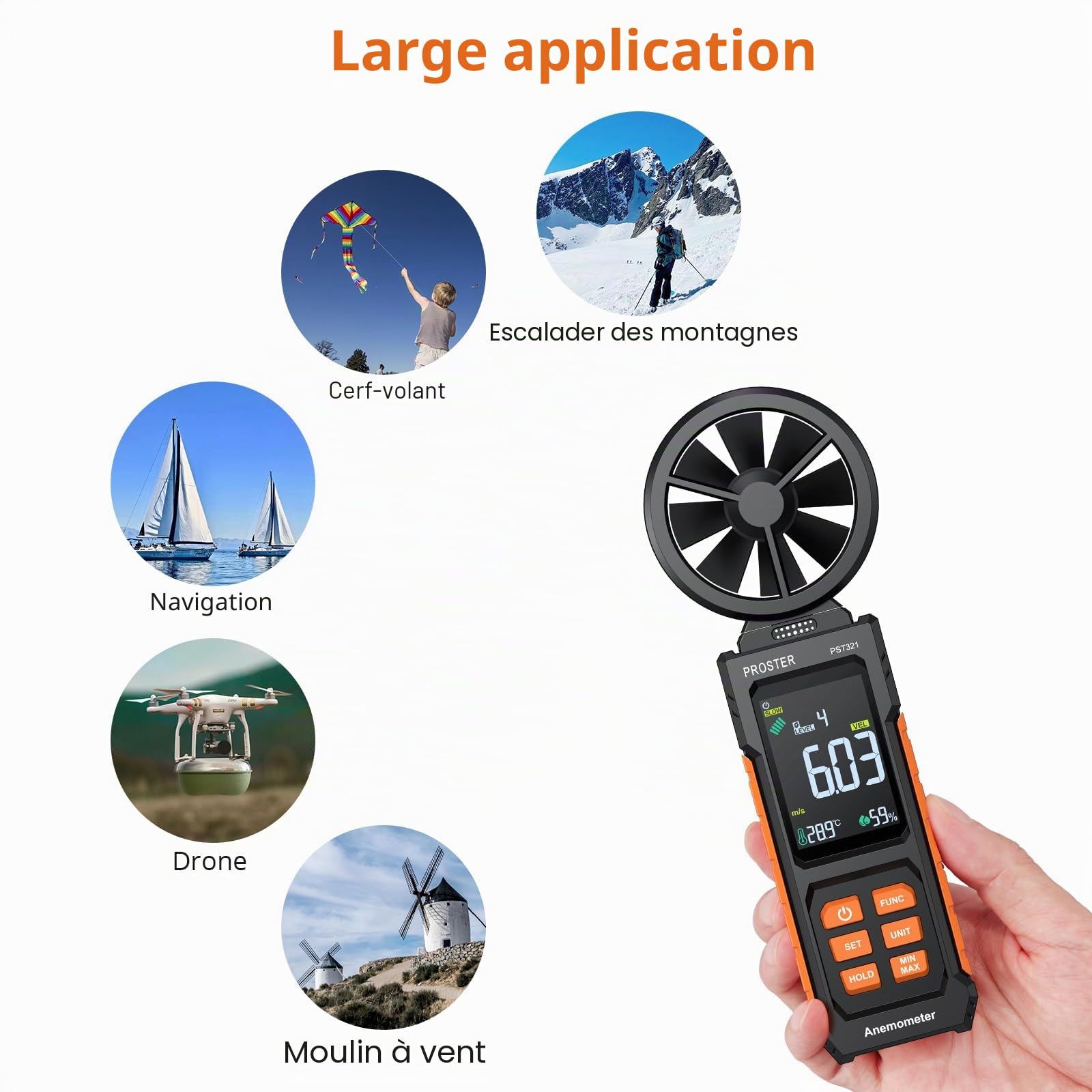 Proster Anémomètre Numérique Professionnel Multifonction - Mesure du Vent, Débit d’Air (CFM/CMM/CMS), Température, Point de Rosée et Boule Humide - Écran Couleur pour Industriel, Éolien, HVAC, Marine