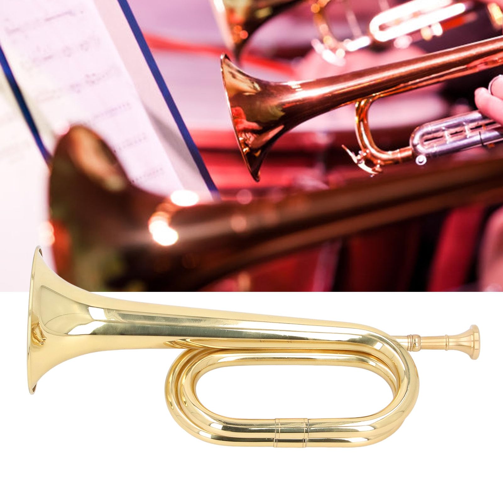 Asixxsix Trompette à clé C, Bugle de Cavalerie en Laiton Doré, Instrument de Clairon de Trompette Militaire pour Orchestre Militaire de Clairon de Cavalerie