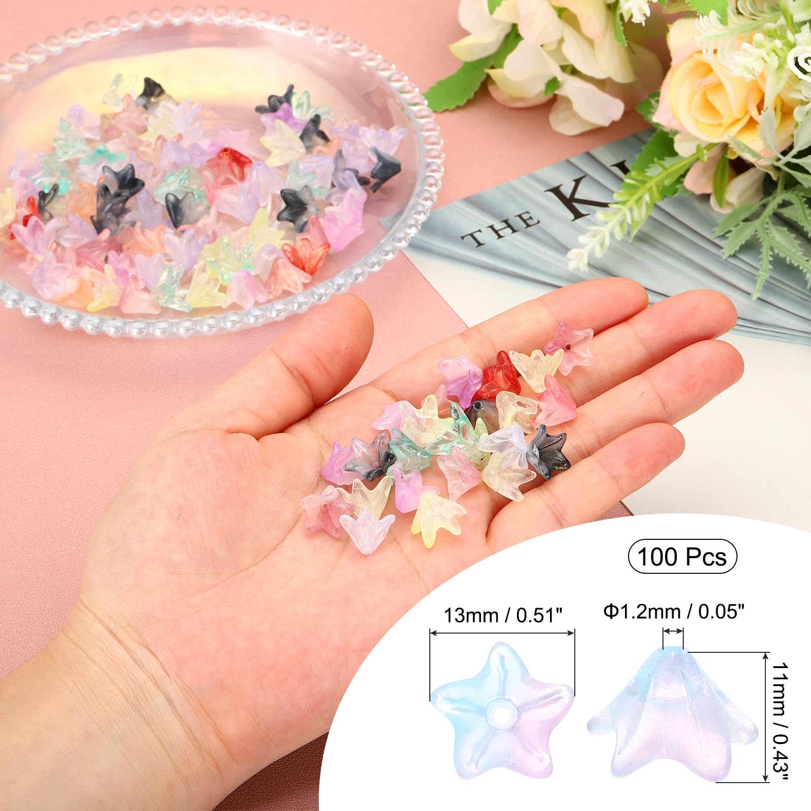 PATIKIL Glass Lily Flower Beads, 100 Pcs Gradient Flower Bead Charm for DIY Craft Decorations Pink, Blue, Pink/Blue - Image 2