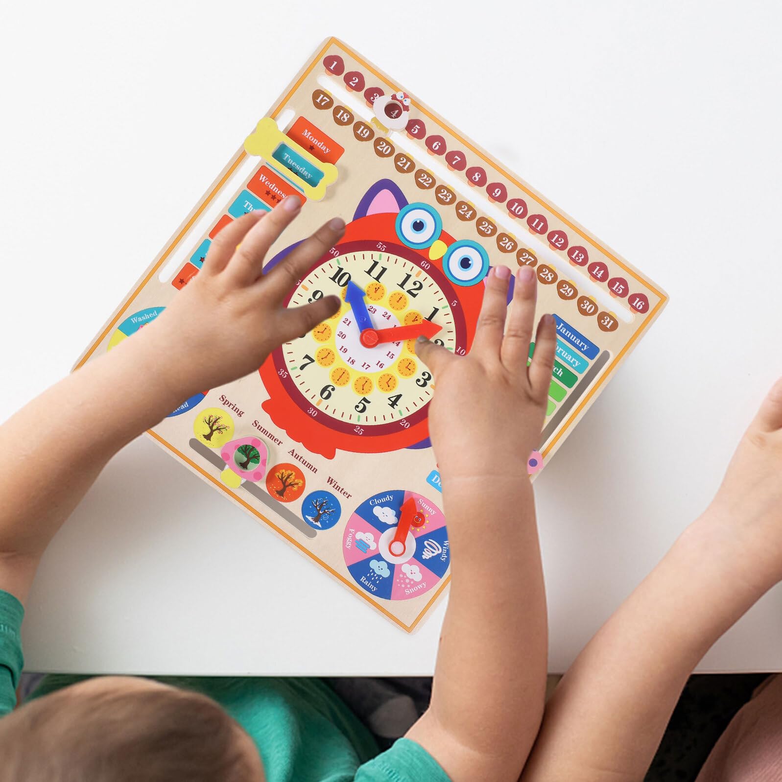 Reloj de Madera Educativo Búho para Juguete Cognitivo Multifunción para Aprender Hora Estaciones y Clima Material Natural Seguro y Duradero
