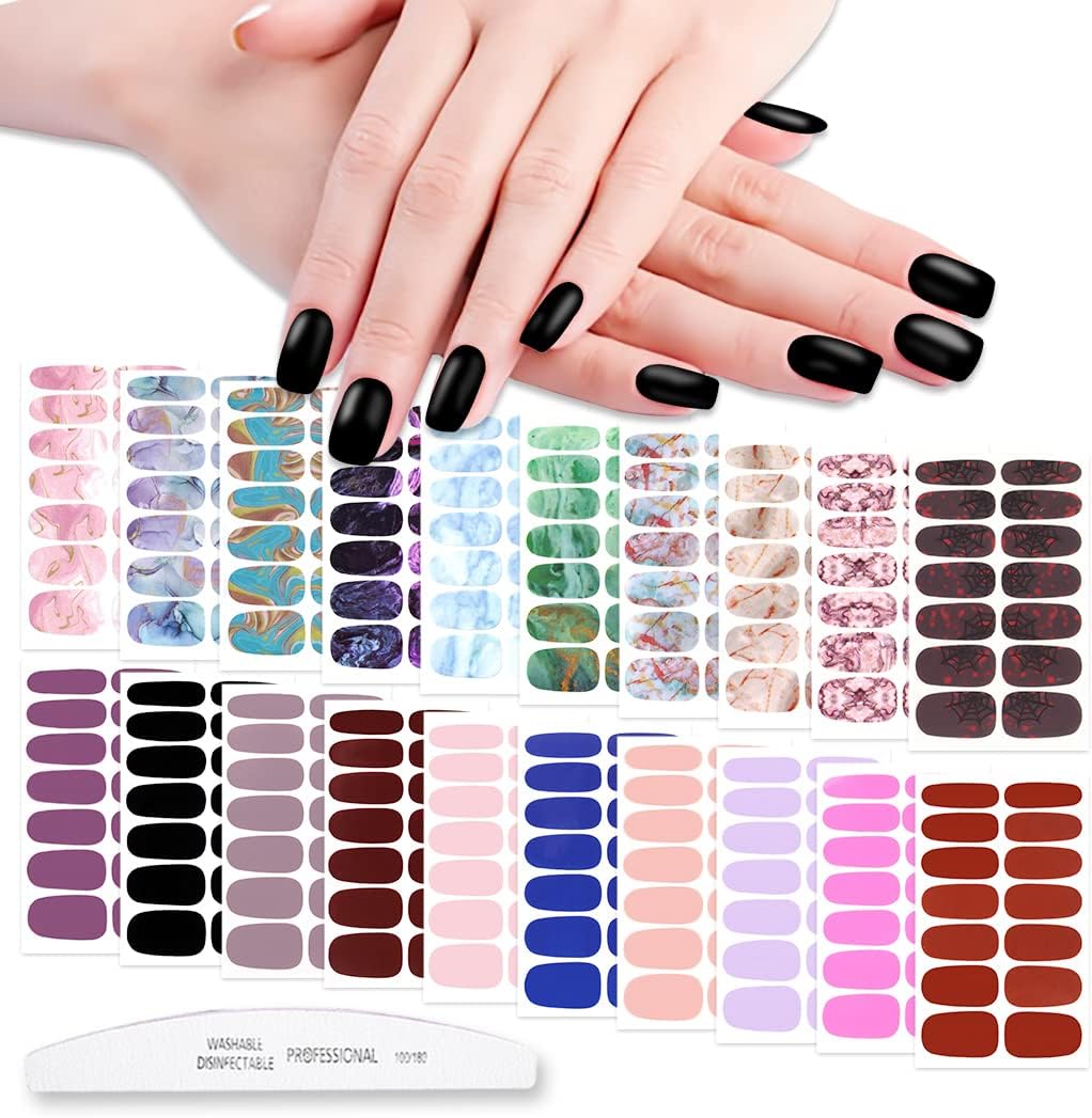 WOKOTO 20 Sheets Solid and Marble Design Gel Nail Polish Stickers Full Nail Wraps for Women Kit with Nail Classic Nail Gel Strips Nail Wraps Gel Polish Strips Nail Art Stickers for Women Girls