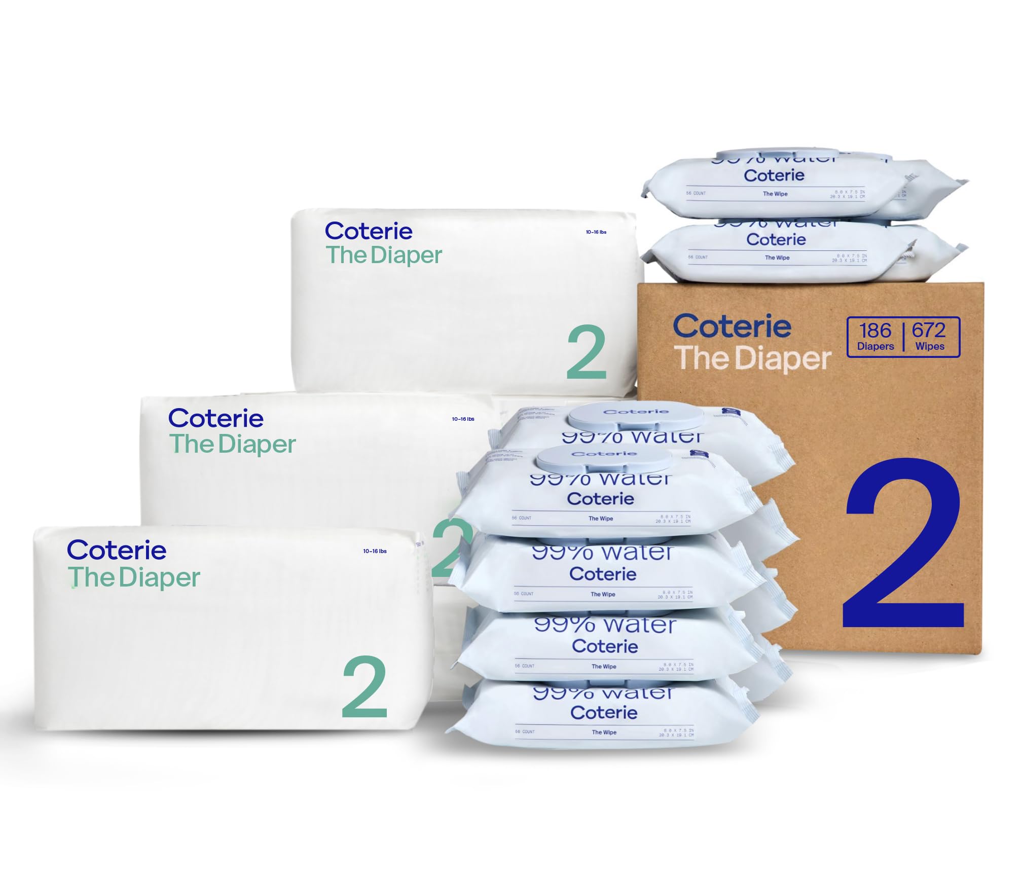 Coterie Baby Wipes + Diapers Kit Size 2 (186 Count) & 12 Pack Wipes (672 Count) 99% Water, Herbal Materials, Hypoallergenic for Skin