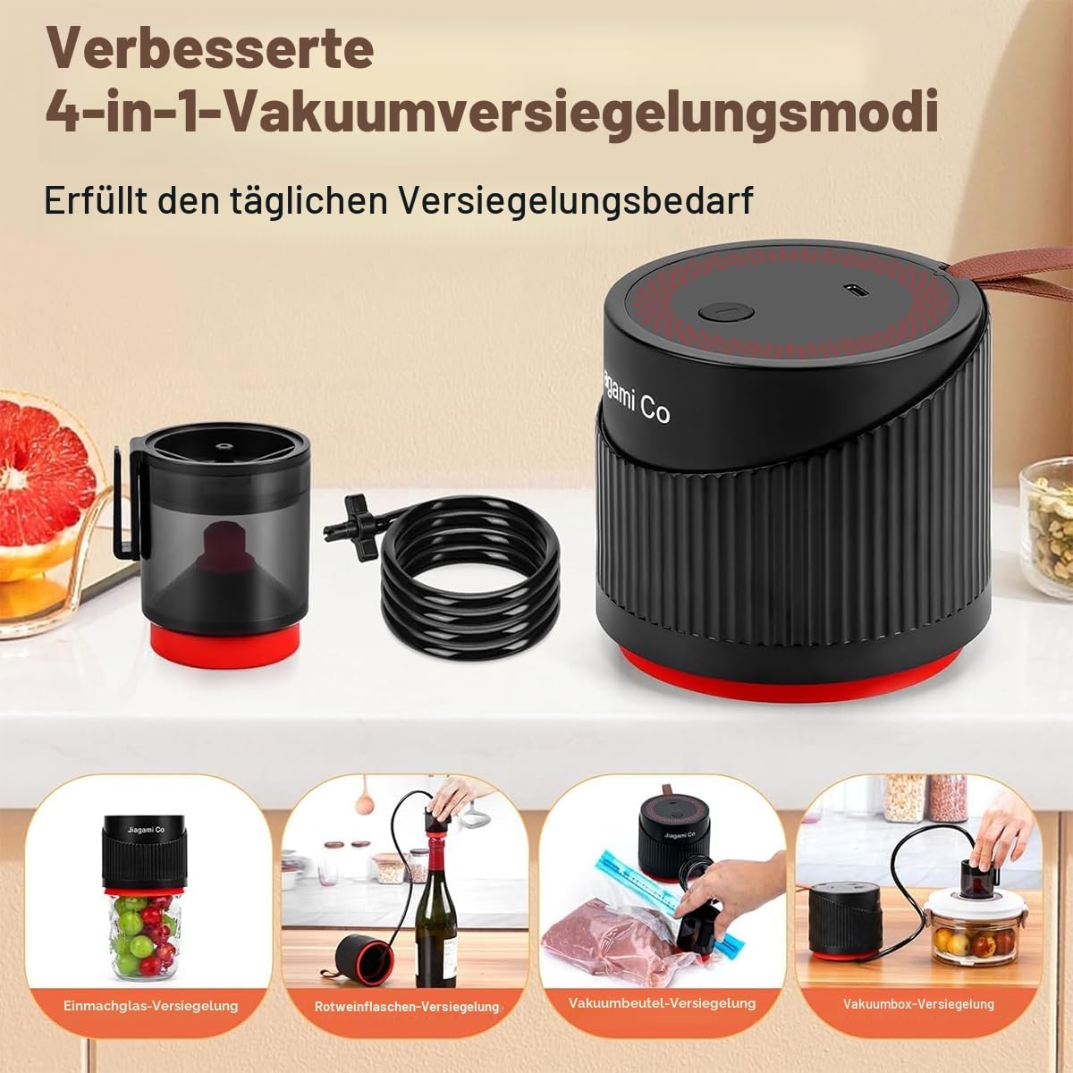 Elektrisches Einmachglas-Vakuumierer-Set, 4-in-1 Mason Vakuumierer für Einmachgläser mit breiter und normaler Öffnung, Auto-Stop-Vakuumiergerät für Gläser, Weinflaschen, Vakuumbeutel, Behälter