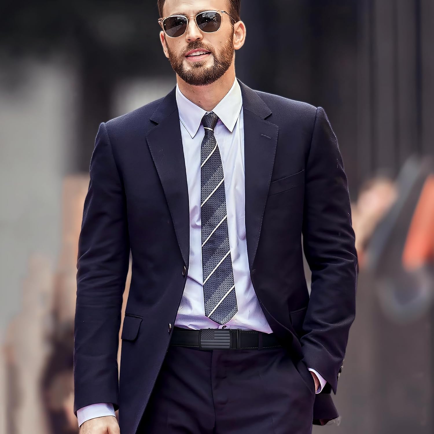 SANSTHS Golf Ratchet Belt for Men, Mens Belt Casual 1 1/3" Flag Pattern Auto Slide Buckle for Jeans - Image 2