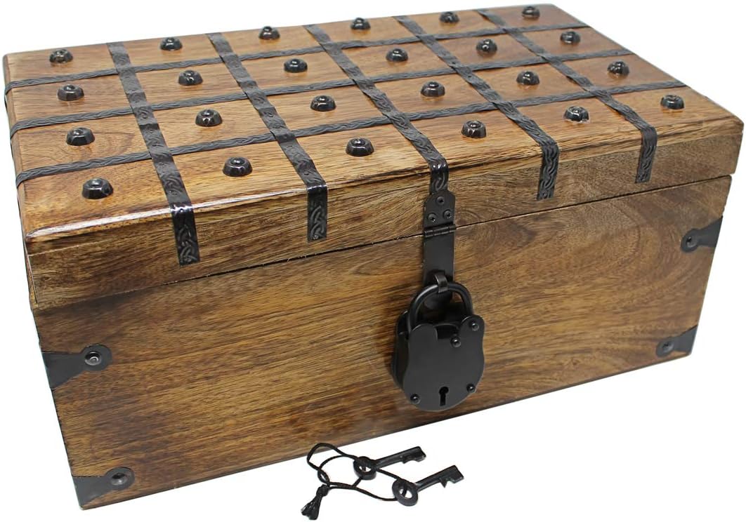 Treasure Chest Wooden Box with Antique Iron Lock and Skeleton Key - Storage and Decor (Color : Brown, Size : X-Large 17 x 10 x 7.5)