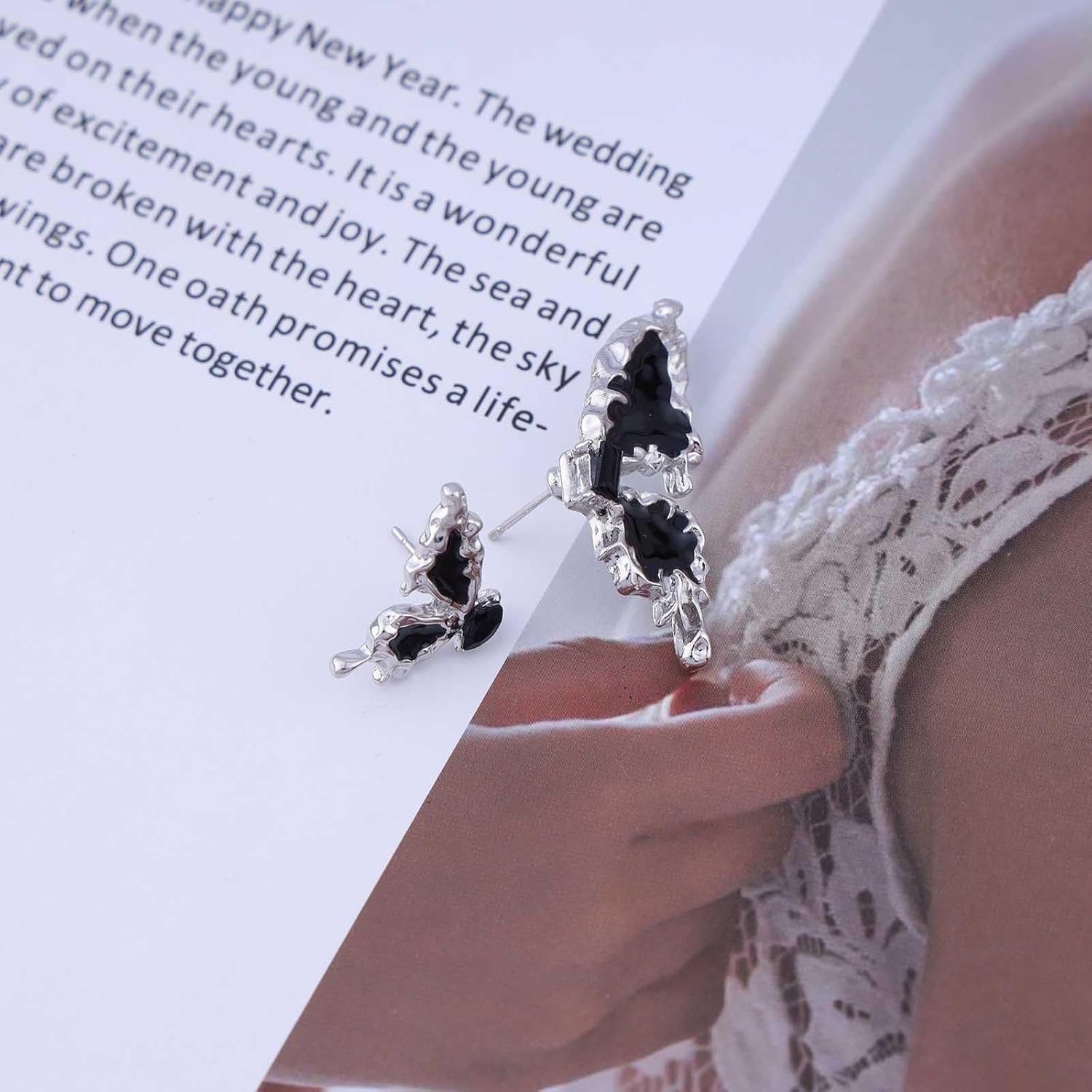 Bohemian Onyx Butterfly Earrings Black Crystal Butterfly Earrings Enamel Butterfly Stud Earrings Asymmetrical Butterfly Black Earrings Jewelry for Women Gifts - Image 6