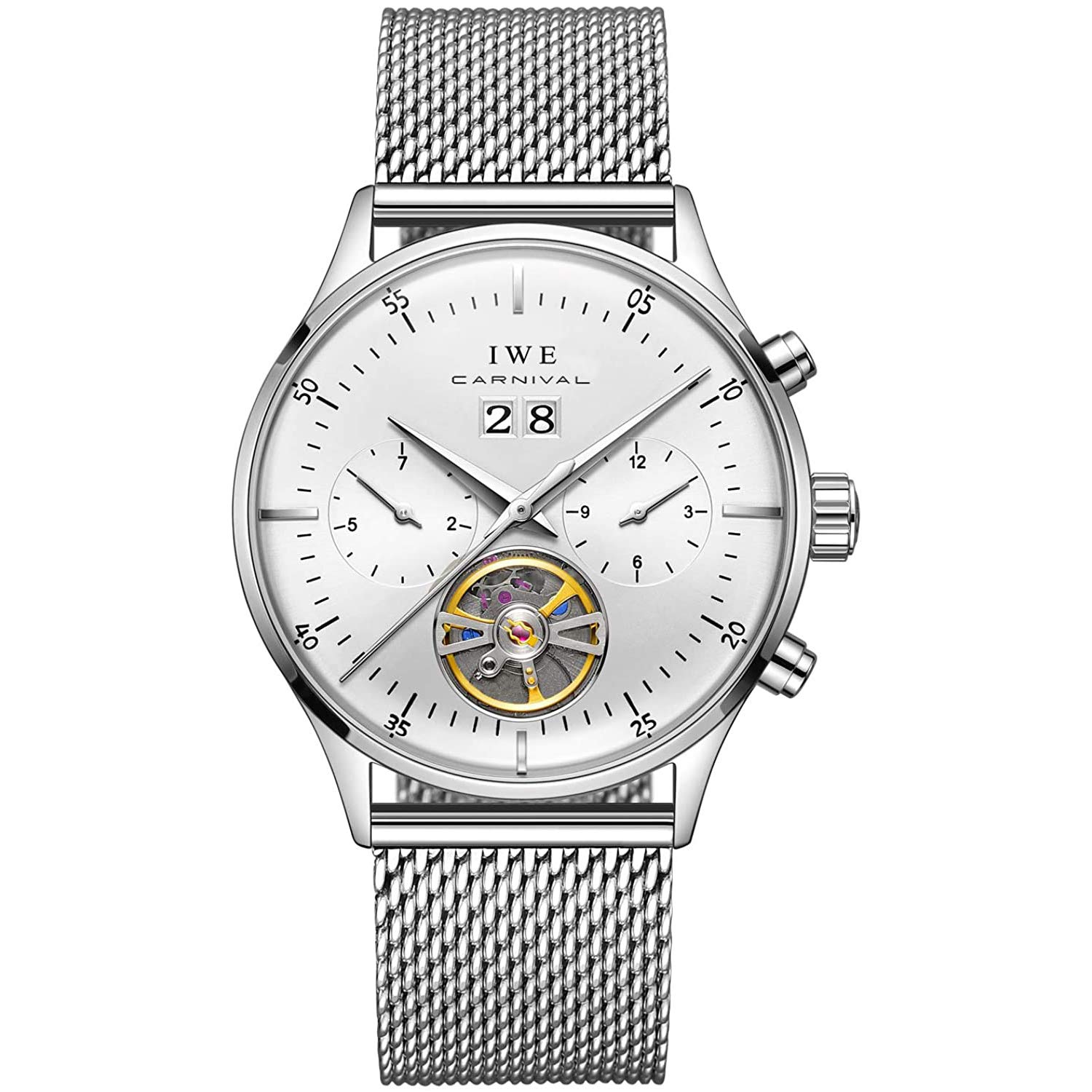 MASTOP Swiss Brands - Orologio meccanico automatico da uomo, con cinturino in acciaio inossidabile, orologio da polso classico con calendario, datario, impermeabile, scavato