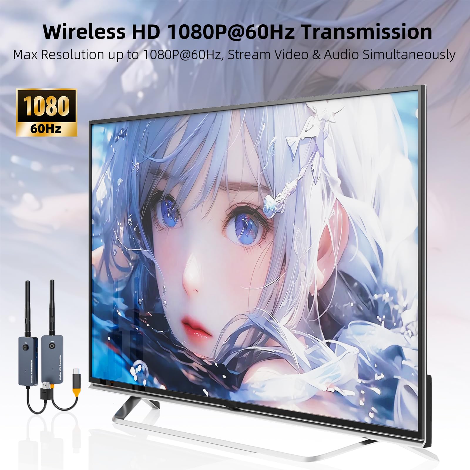 Bezprzewodowy nadajnik i odbiornik KVM USB-C na HDMI 200 m, 1080P przy 60 Hz, bezprzewodowy przedłużacz USB KVM dalekiego zasięgu, obsługa ekranu i rozszerzenie sygnału klawiatury/myszy, szybkie