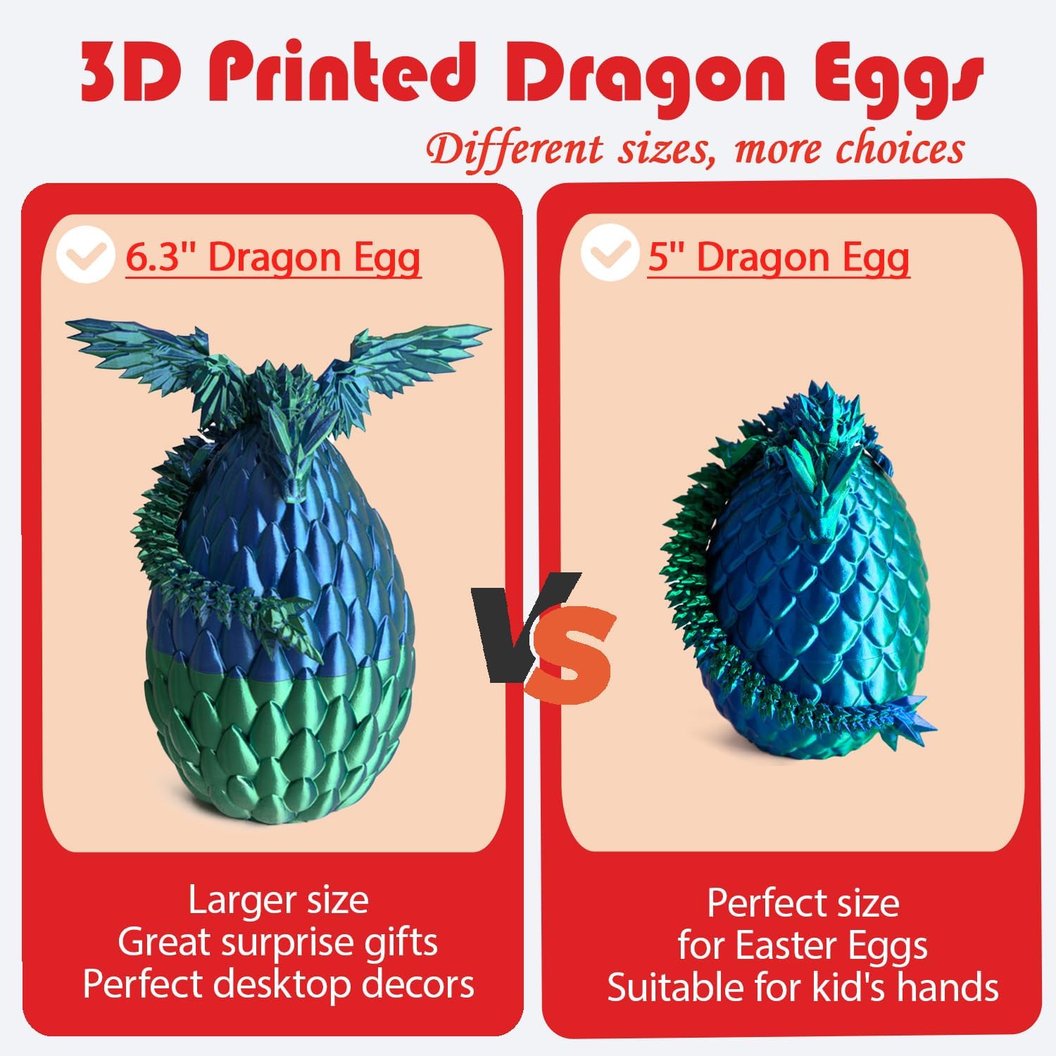 3D Printed Dragon Egg, Easter Dragon Eggs with Dragon Inside, Articulated Flexible 3D Printed Dragon in Egg Fidget Toy, Easter Basket Stuffers for Kids (Purple&Red)
