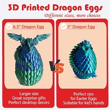 3D Printed Dragon Egg, Easter Dragon Eggs with Dragon Inside, Articulated Flexible 3D Printed Dragon in Egg Fidget Toy, Easter Basket Stuffers for Kids (Purple&Red)
