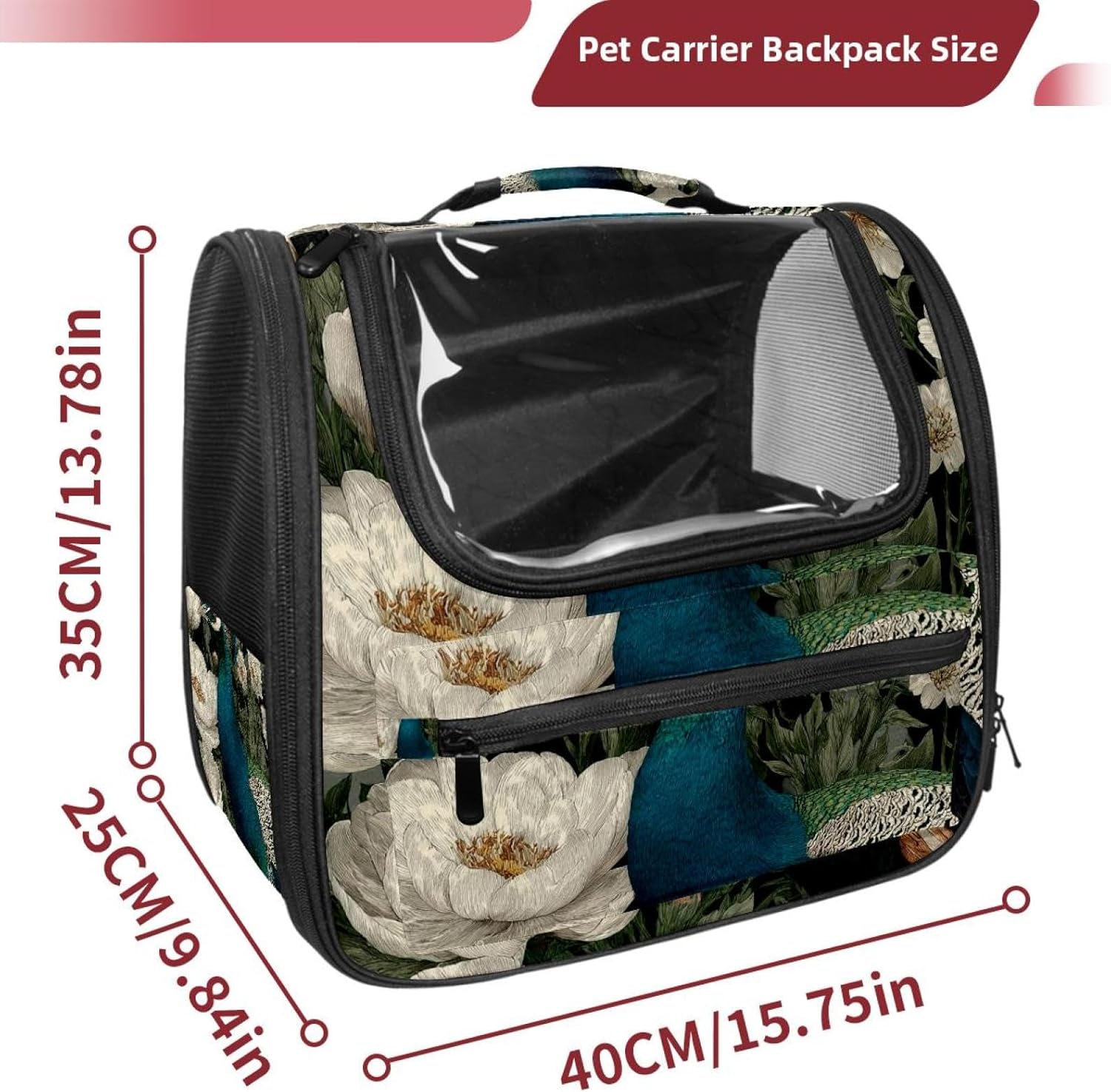 Portable Travel pet Backpack Carrier Hamster Bag Small Dog cat Carrier Breathable Hang Bag, Peacock and White Flowers (1)