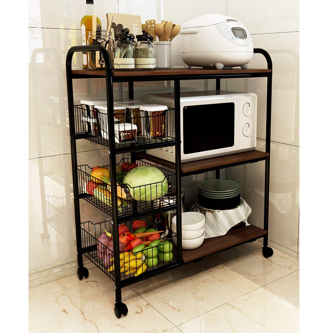 ZYFA Carrello Cucina a 3 Piani Servizio,Scaffale Portaoggetti Mobile,Carrello Portaoggetti Multiuso, Salvaspazio Scaffale Rete Metallica Contenitori, in Legno Robusto Rotolamento,4 Ruote Girevoli