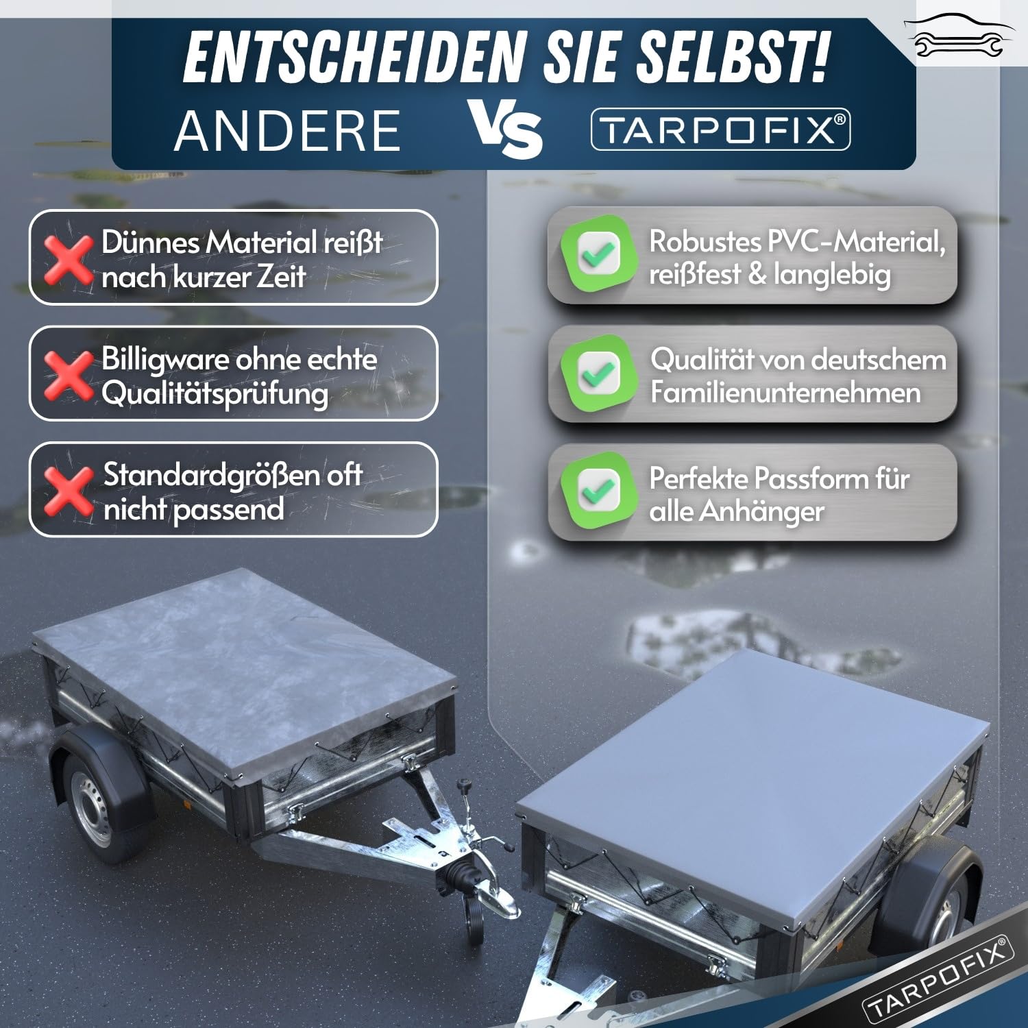 Tarpofix® Anhänger Plane 217 x 117 cm mit Planenseil | Flachplane aus PVC Planenmaterial | Verstärkte Unsinn Plane für 750kg PKW Hänger | Abdeckung | Grau