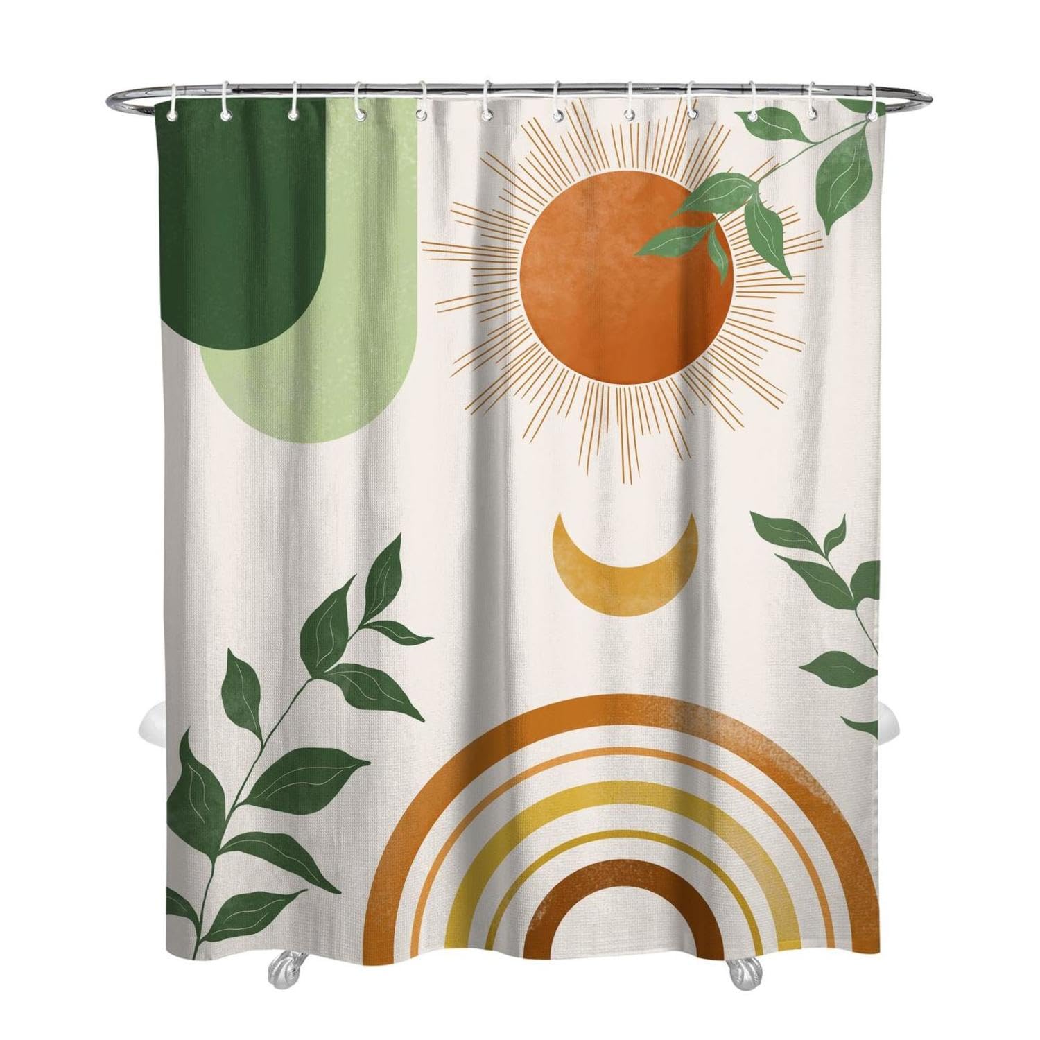Ghroiep Mid Century Abstract Boho Aesthetic Shower Curtain Set, Green Nature Leaf Sun Modern Minimalist Home Bathroom Curtain Decor with 12 Hooks 72 Inch Wide * 84 Inch High