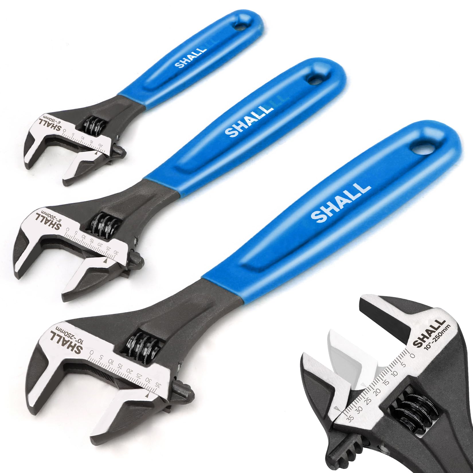 Shall Juego de llaves ajustables de 3 piezas, llave de acero Cr-V de 10/8/6 pulgadas con agarre acolchado, azul marino, grabada con láser para el hogar, el garaje, el taller y el bricolaje