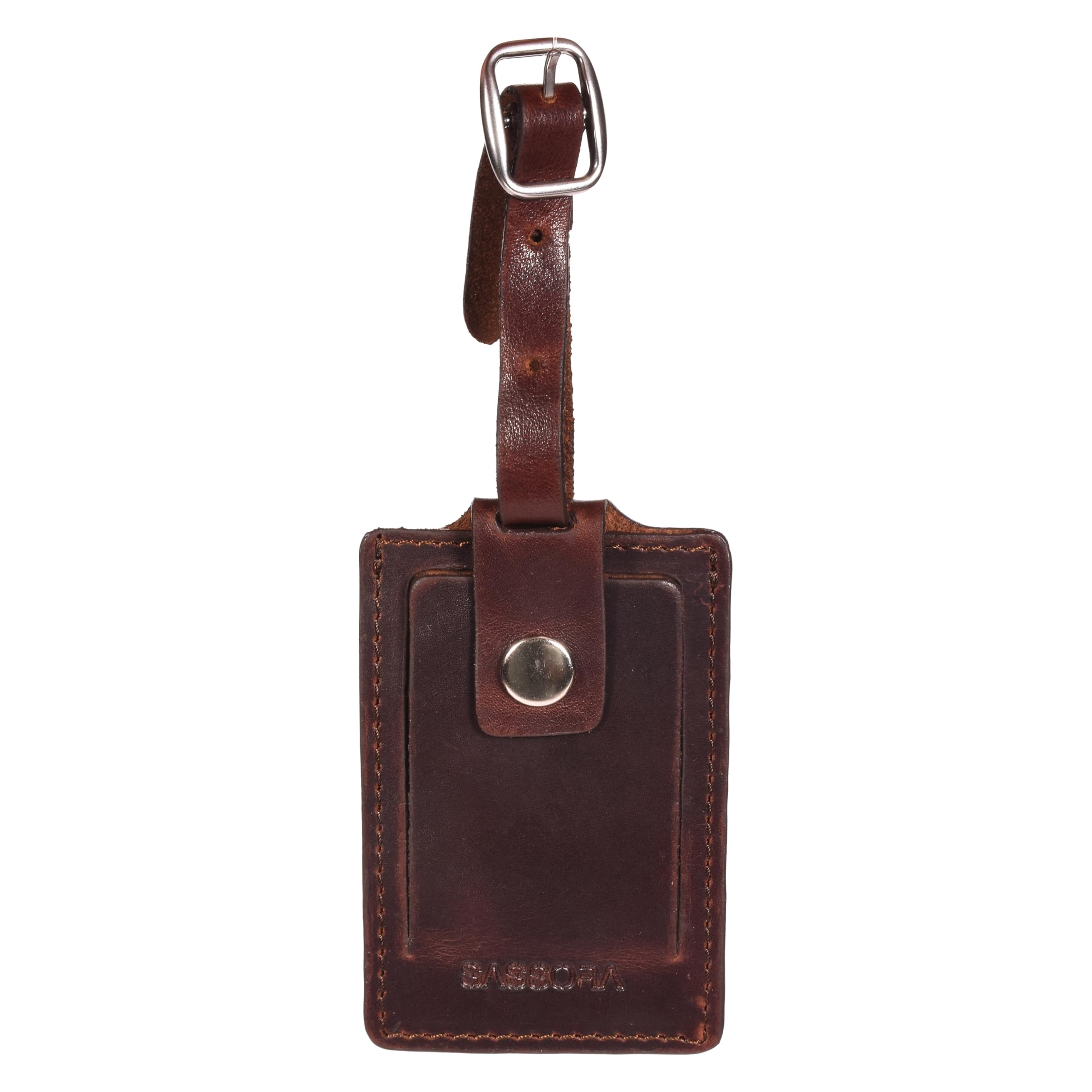 Sassora Genuine Leather Luggage Tag for Suitcases & Bags | Name ID Card Holder with Secure Buckle Strap & Privacy Flap | Travel Identifier for Men & Women (Dark Brown)-image-1